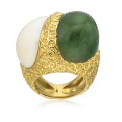18K Yellow Gold Green and White Jade Cabochon Two Stone Ring