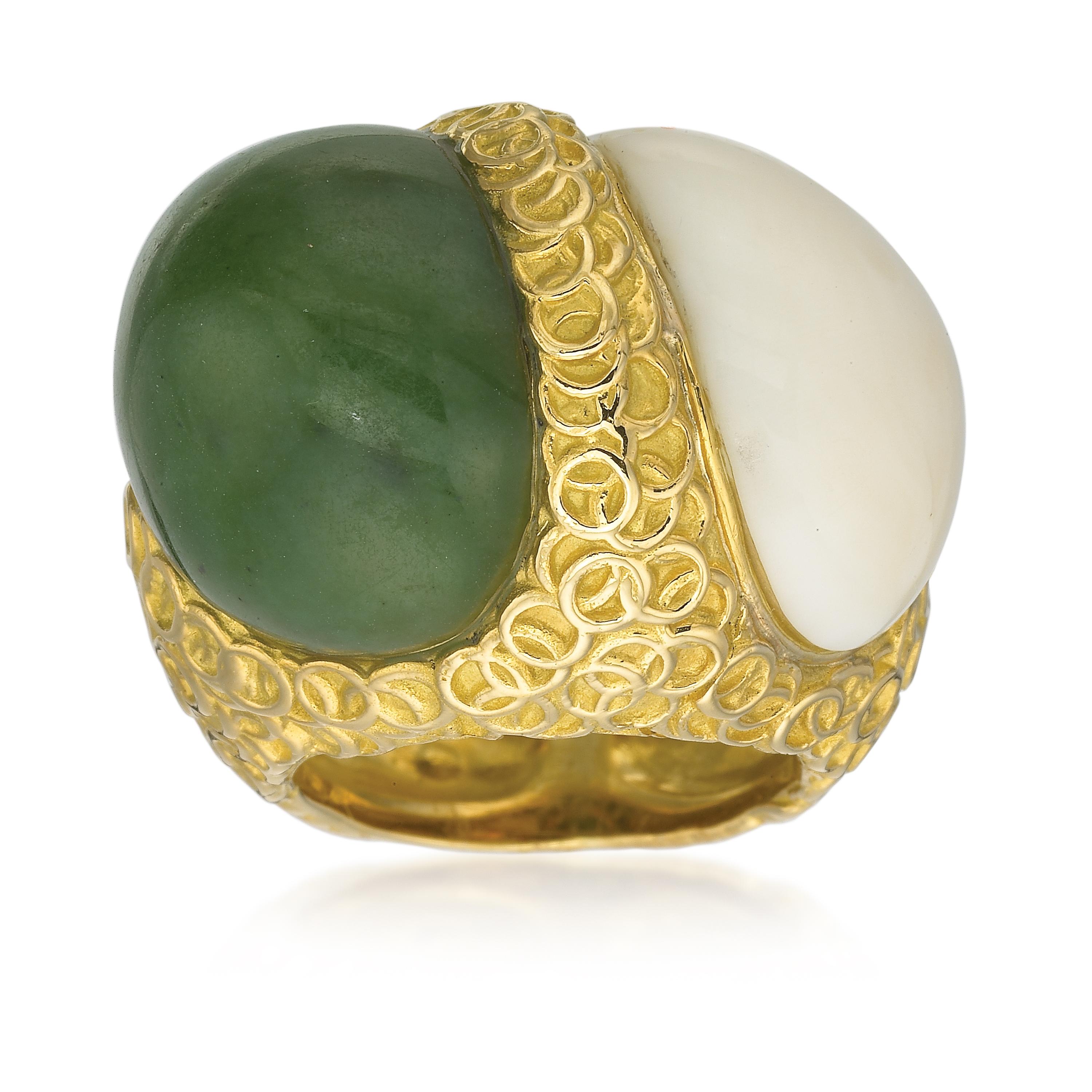 Retro 18K Yellow Gold Green and White Jade Cabochon Two Stone Ring
