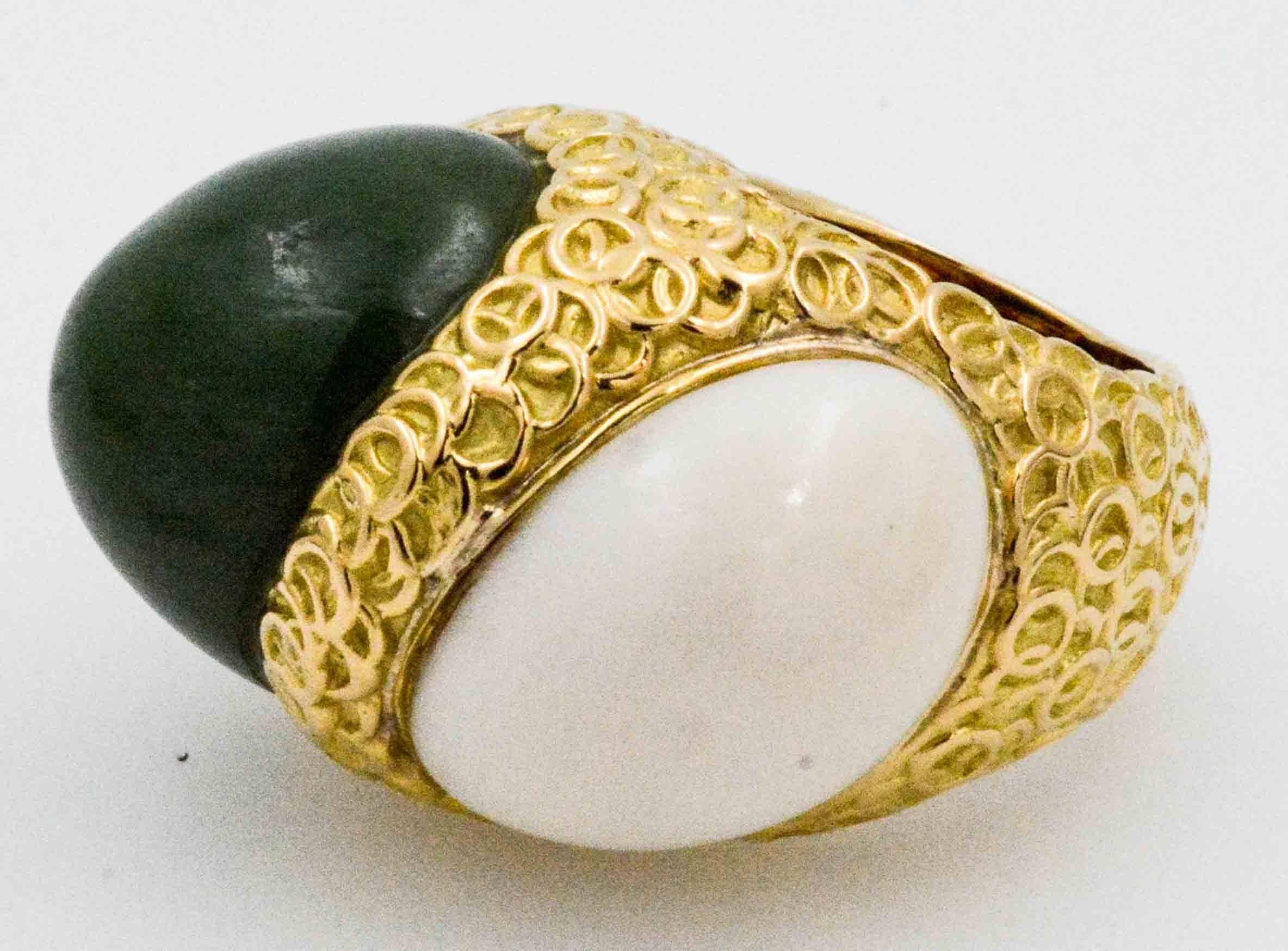Round Cut 18K Yellow Gold Green and White Jade Cabochon Two Stone Ring