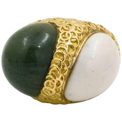 18K Yellow Gold Green and White Jade Cabochon Two Stone Ring