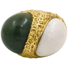 18K Yellow Gold Green and White Jade Cabochon Two Stone Ring 18K Yellow Gold Green and White Jade Cabochon Two Stone Ring