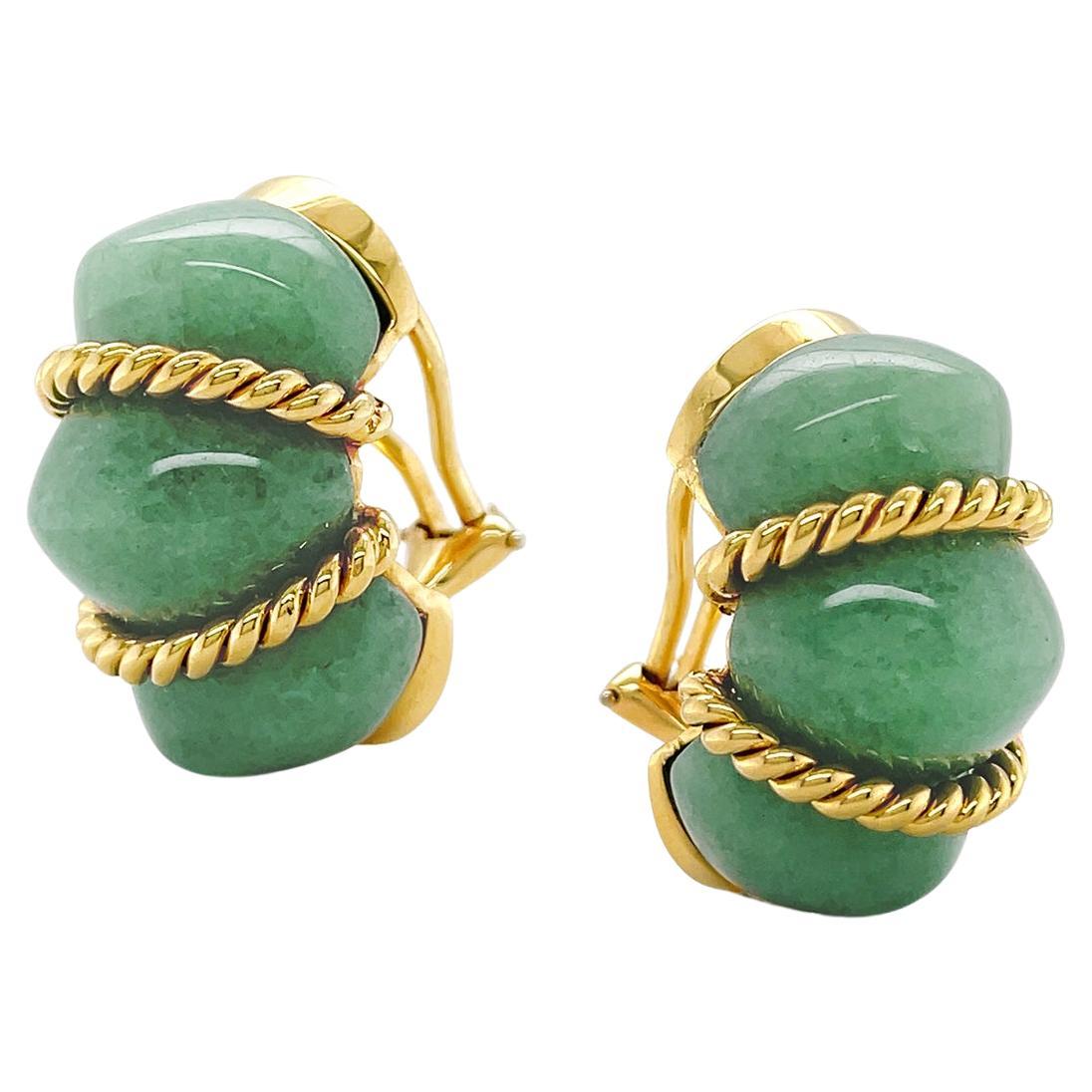 18K Yellow Gold Green Aventurine Shrimp Earrings For Sale