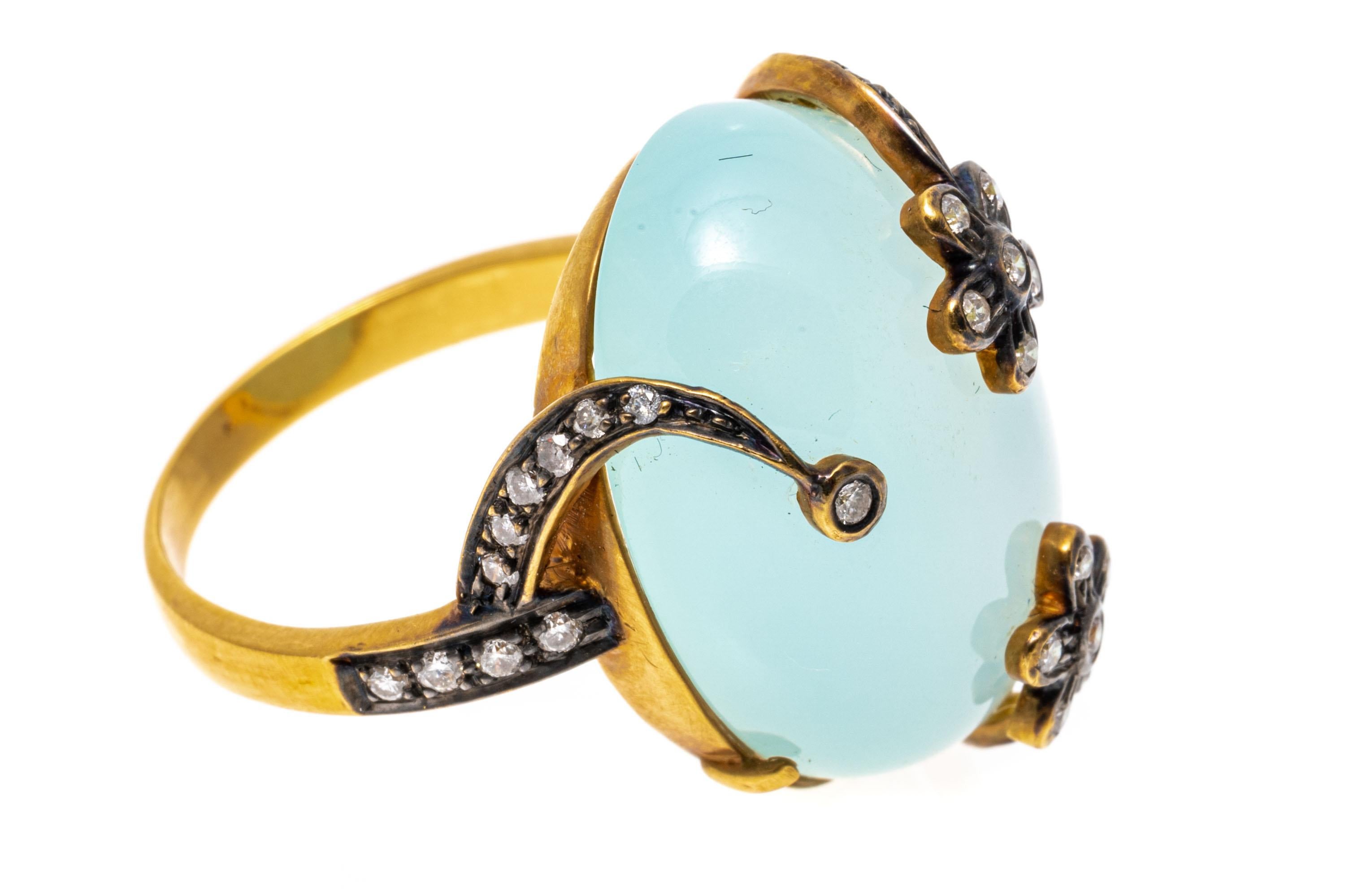 Contemporary 18k Yellow Gold Green Blue Chalcedony And Diamond Flower Motif Ring For Sale