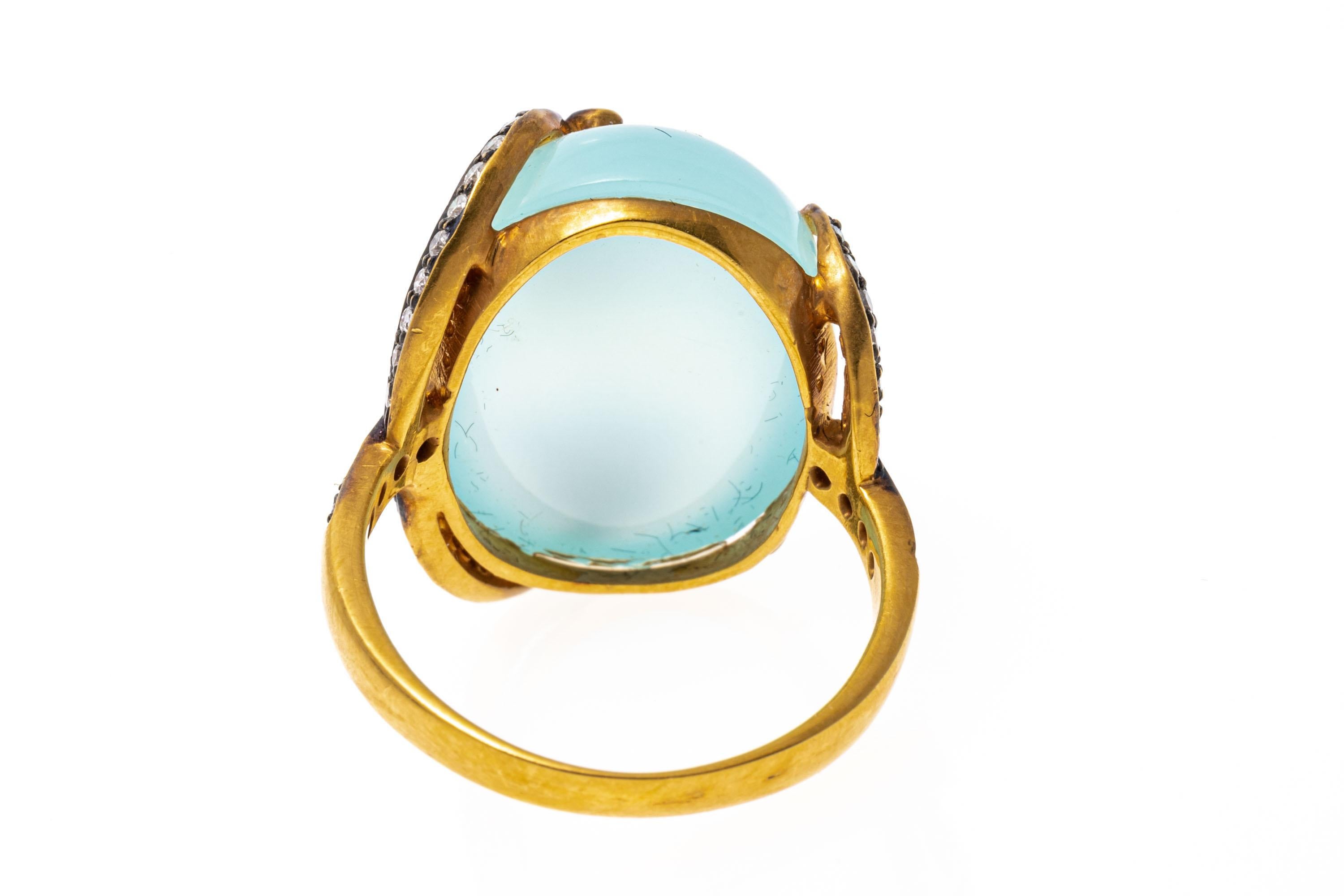 Cabochon 18k Yellow Gold Green Blue Chalcedony And Diamond Flower Motif Ring For Sale