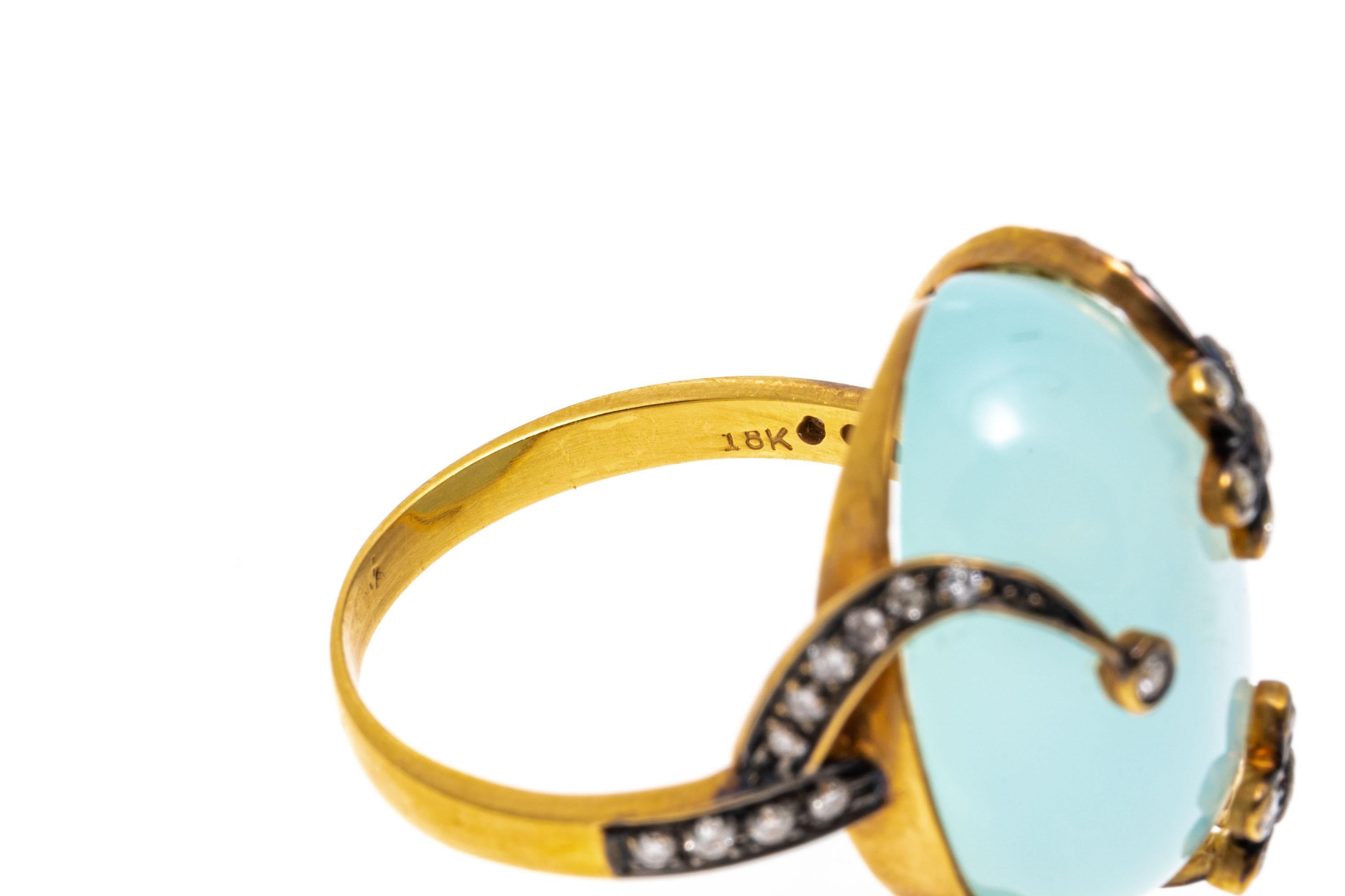 Anillo de oro amarillo de 18 quilates con motivo floral de calcedonia azul verde y diamantes en Bueno estado para la venta en Fairfield, CT