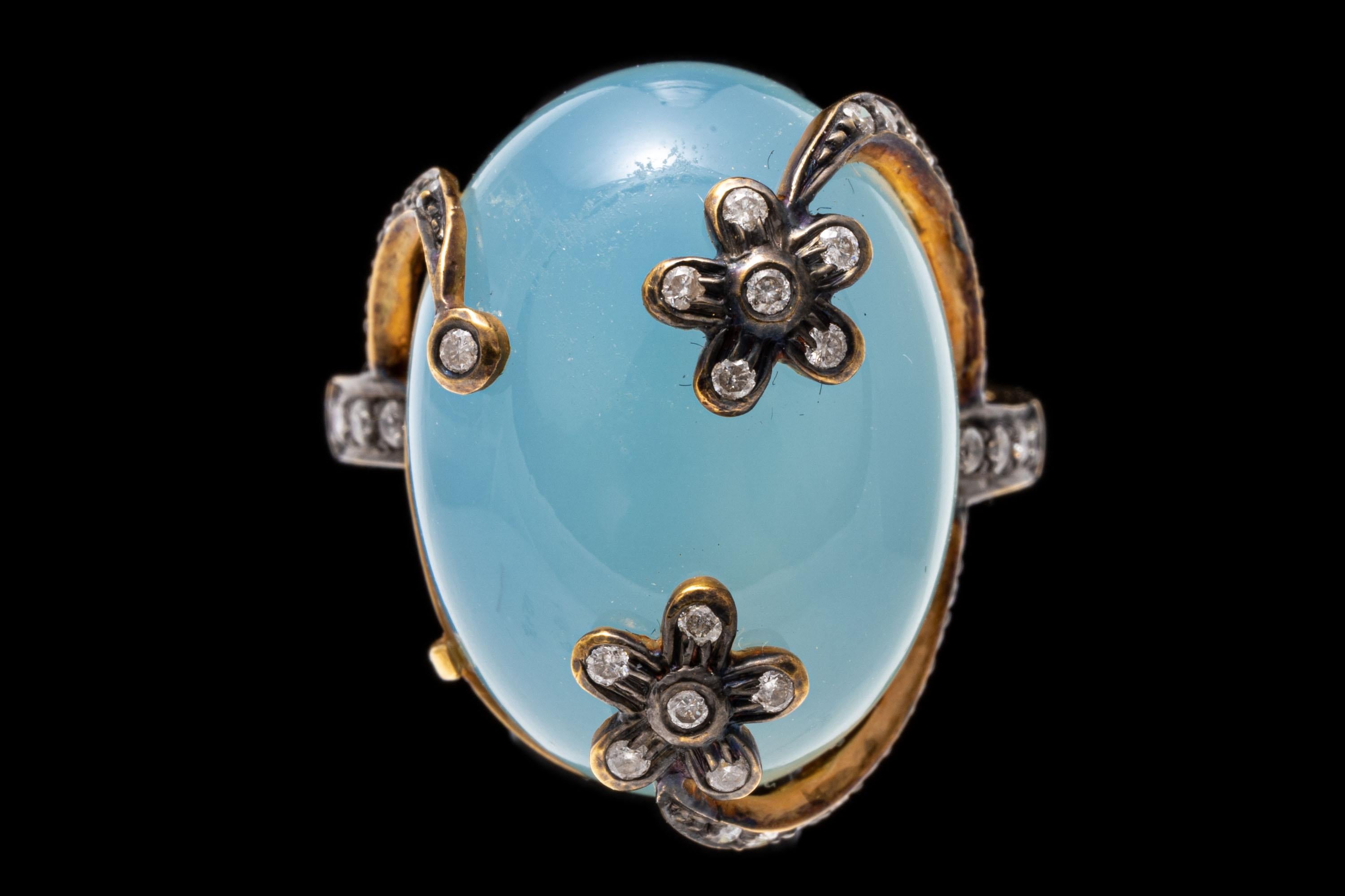 18k Yellow Gold Green Blue Chalcedony And Diamond Flower Motif Ring For Sale 3