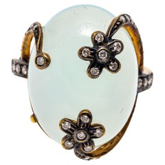 18k Yellow Gold Green Blue Chalcedony And Diamond Flower Motif Ring
