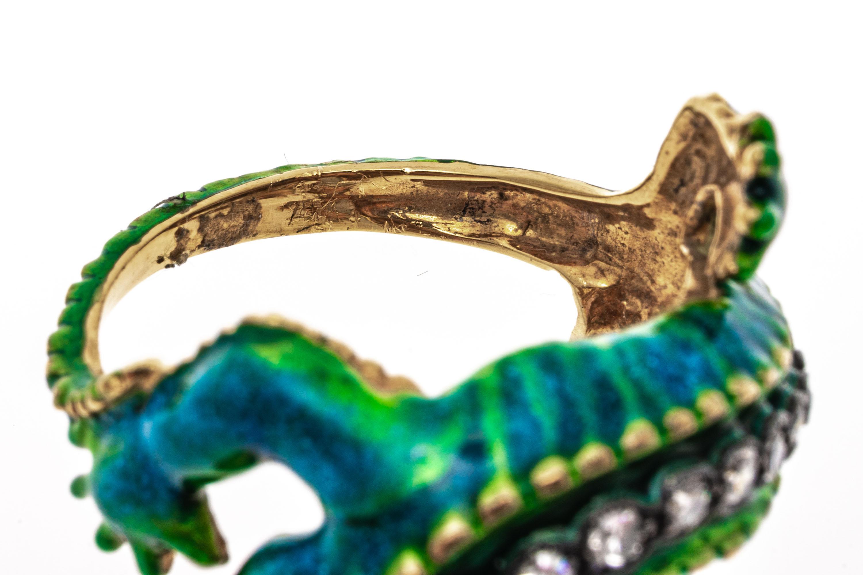 18k Yellow Gold Green Blue Enamel Alligator Ring with Diamonds For Sale 1