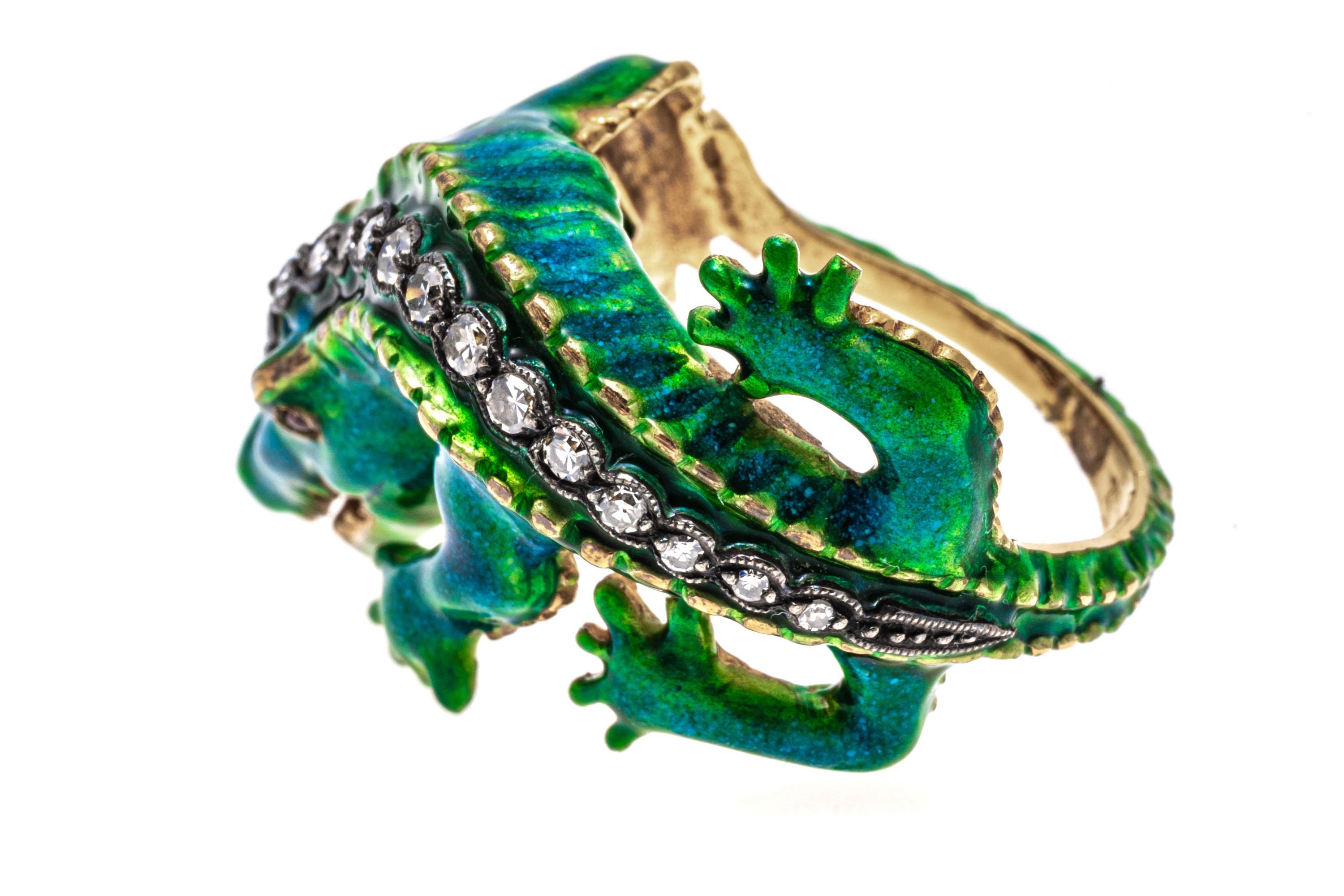 18k Yellow Gold Green Blue Enamel Alligator Ring with Diamonds For Sale 3