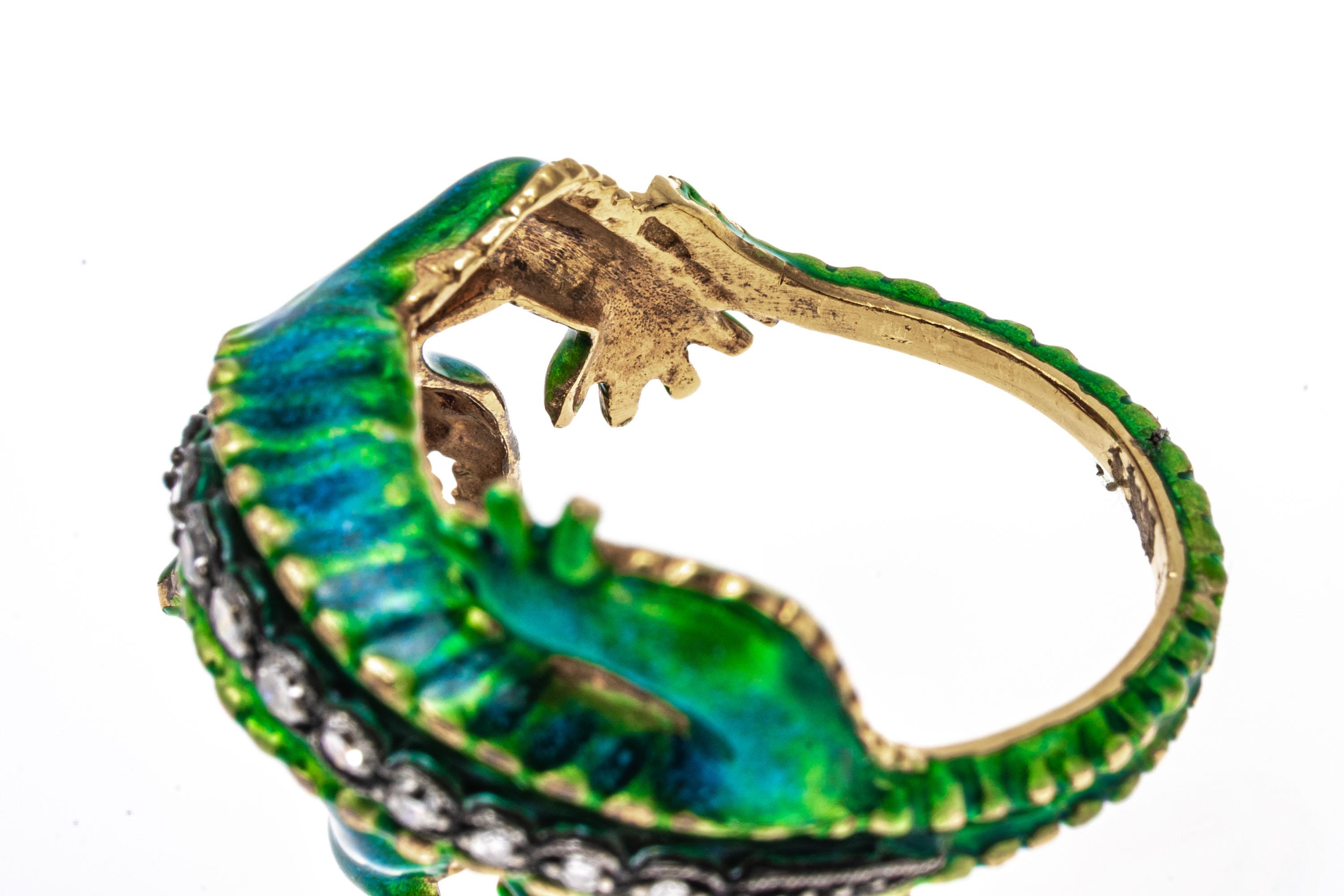 18k Yellow Gold Green Blue Enamel Alligator Ring with Diamonds For Sale 4