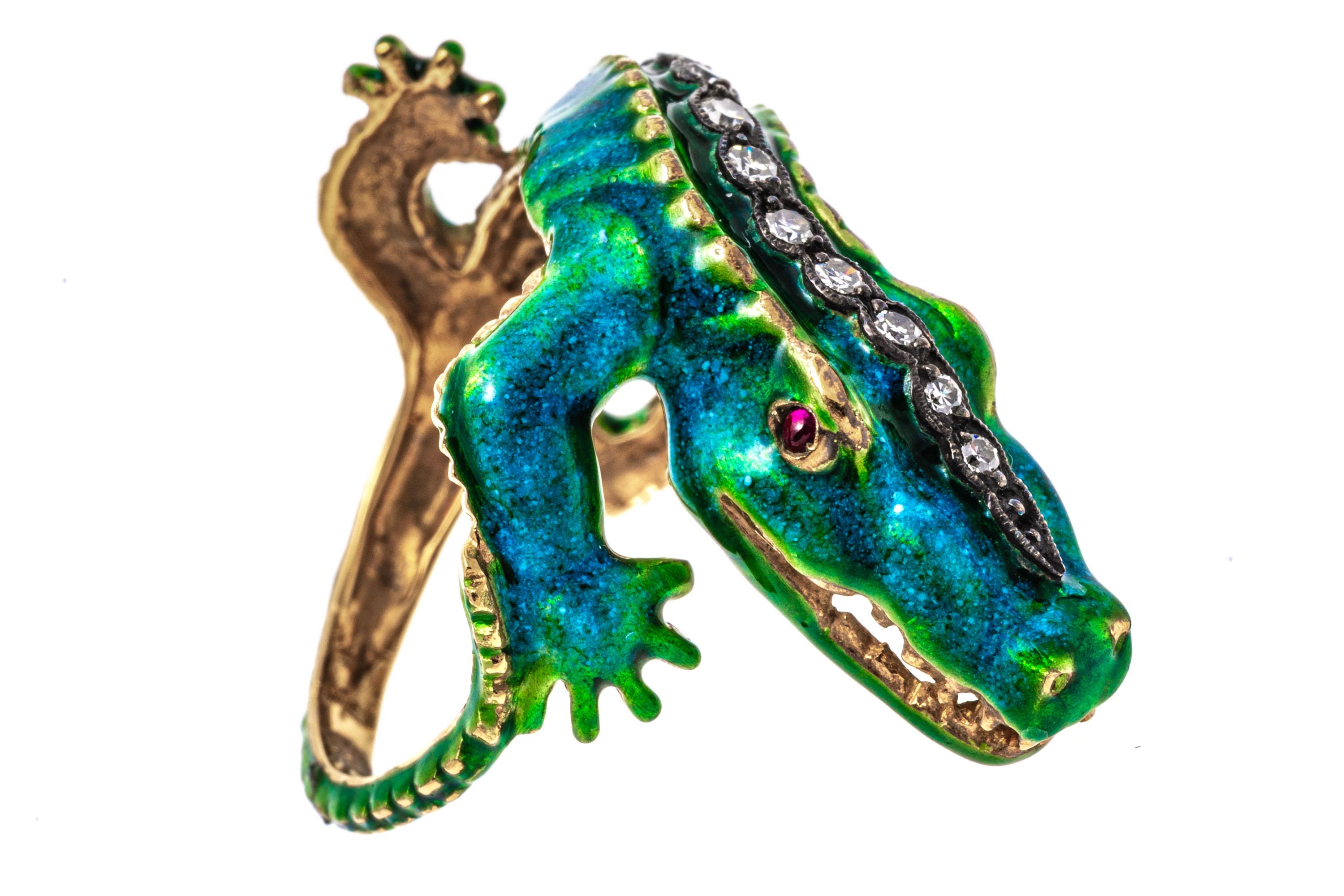 18k Yellow Gold Green Blue Enamel Alligator Ring with Diamonds For Sale 5