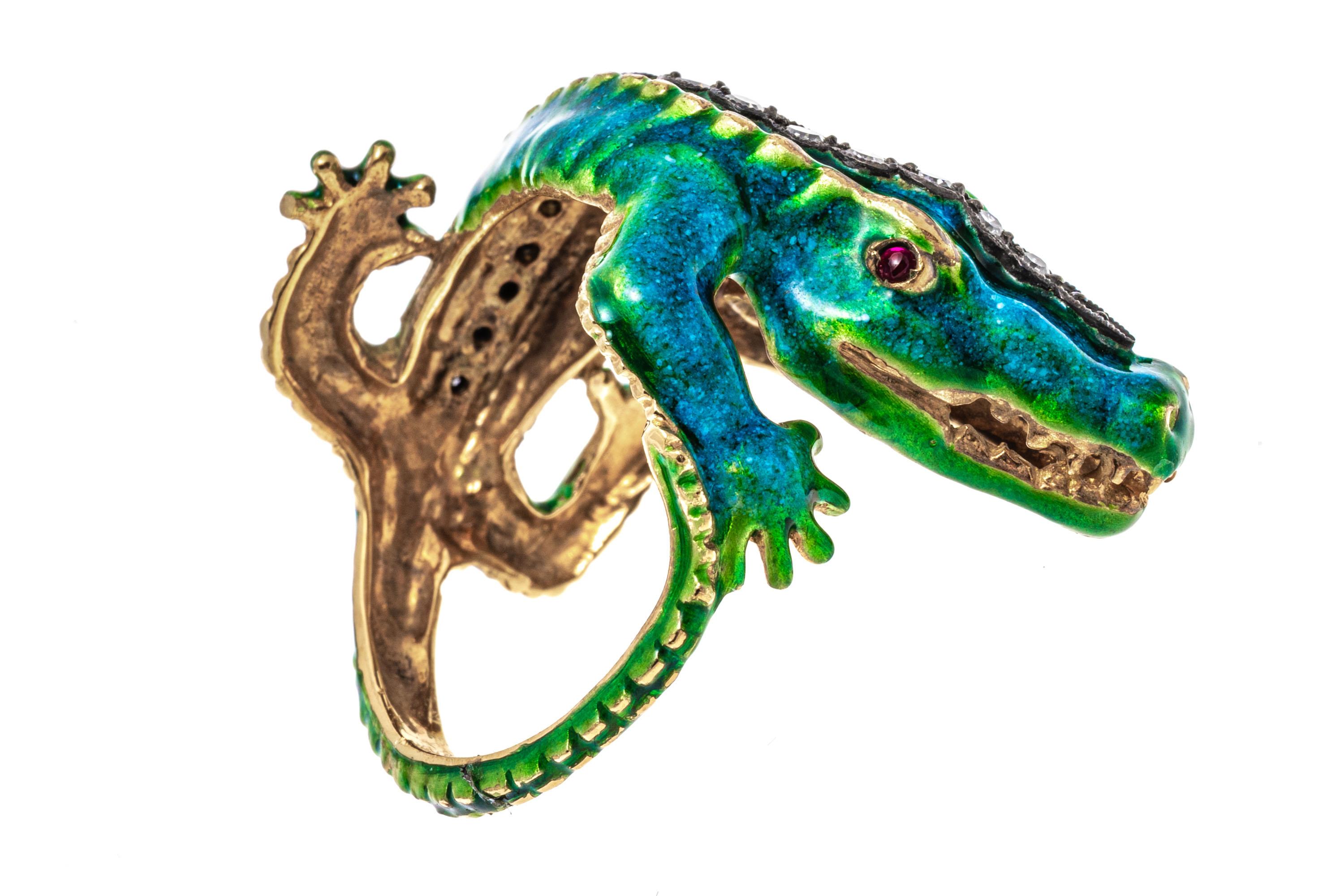18k Yellow Gold Green Blue Enamel Alligator Ring with Diamonds For Sale 6
