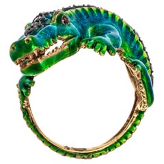 18k Yellow Gold Green Blue Enamel Alligator Ring with Diamonds