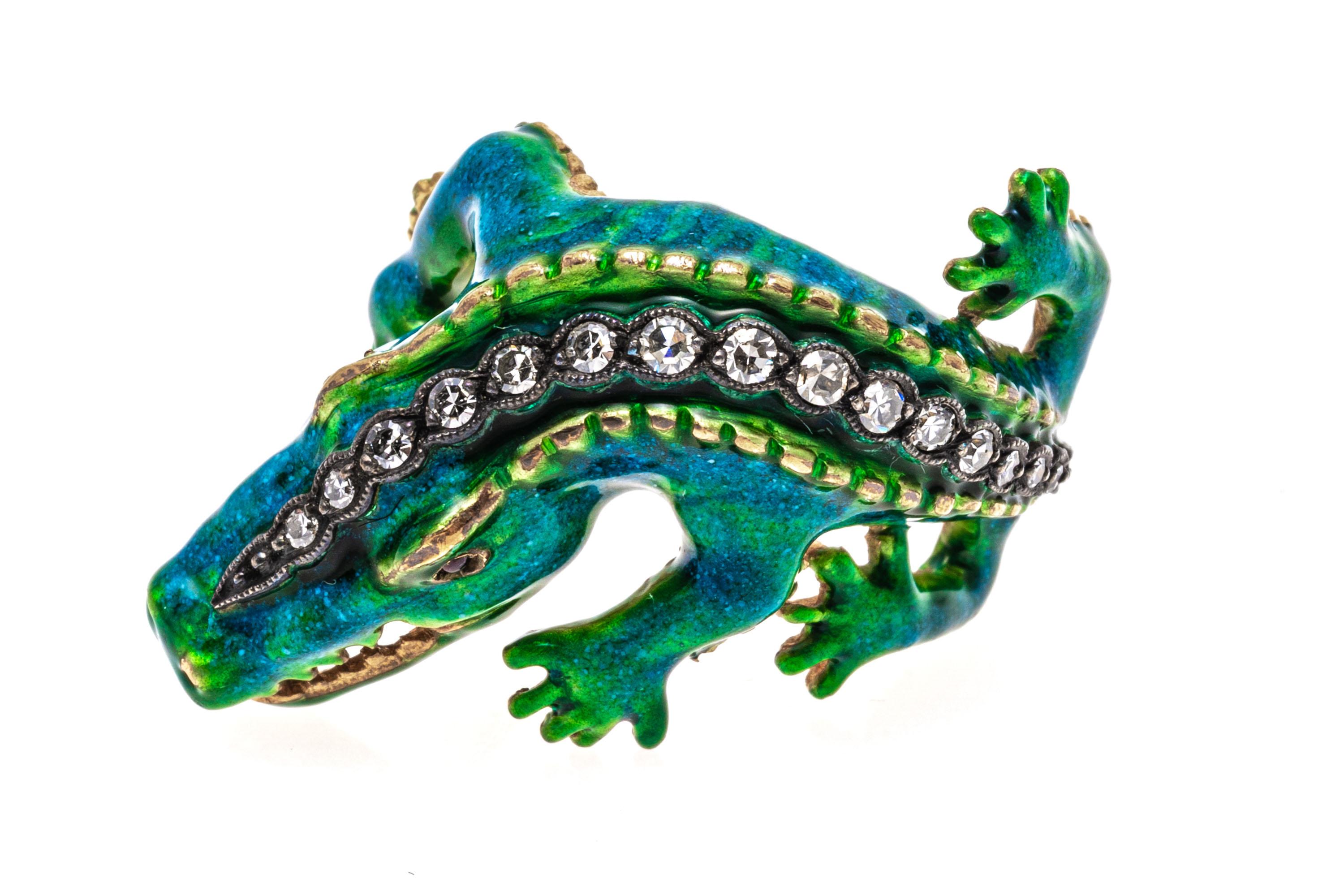 Contemporary 18k Yellow Gold Green Blue Enamel Alligator Ring with Diamonds For Sale
