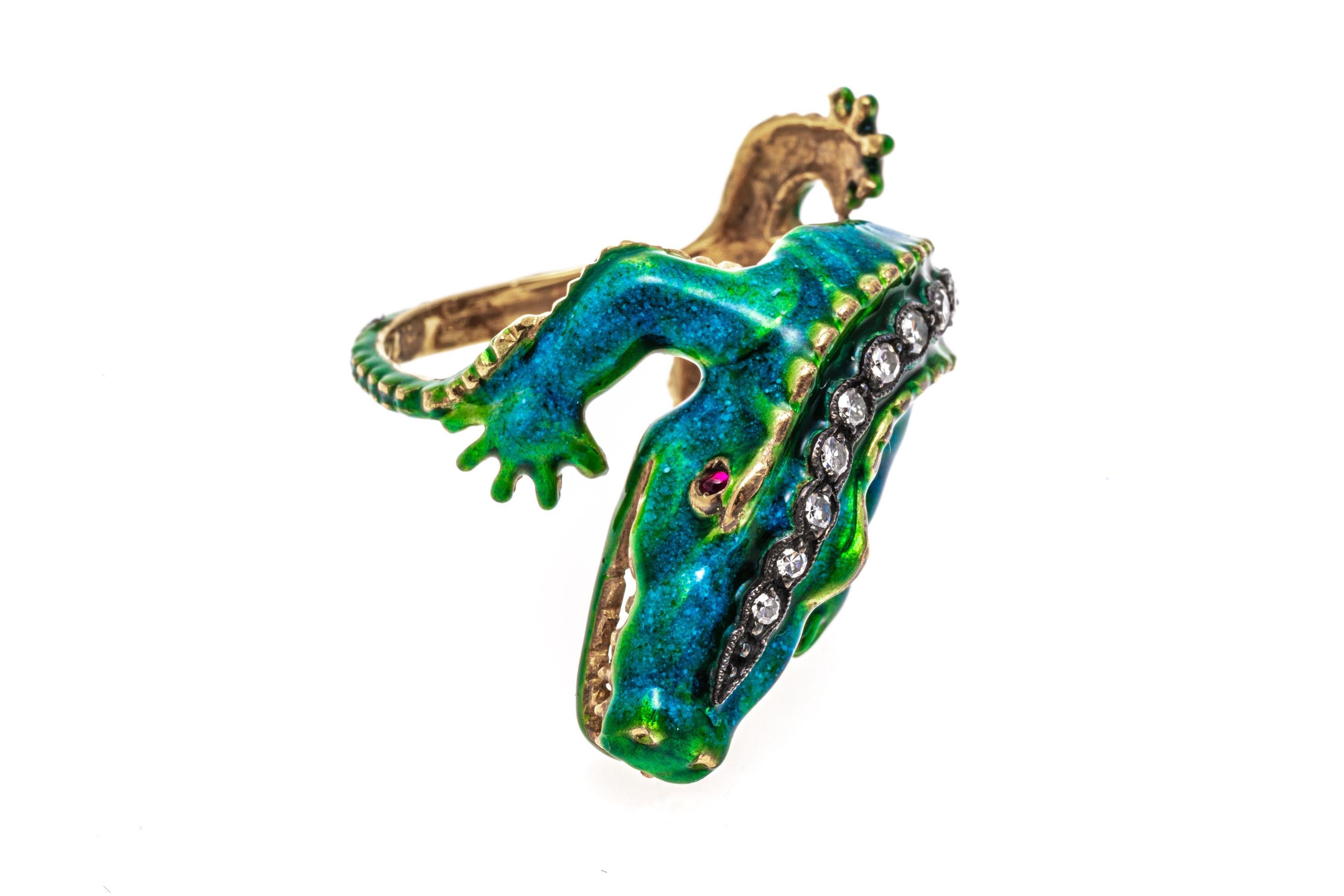 Women's 18k Yellow Gold Green Blue Enamel Alligator Ring with Diamonds For Sale