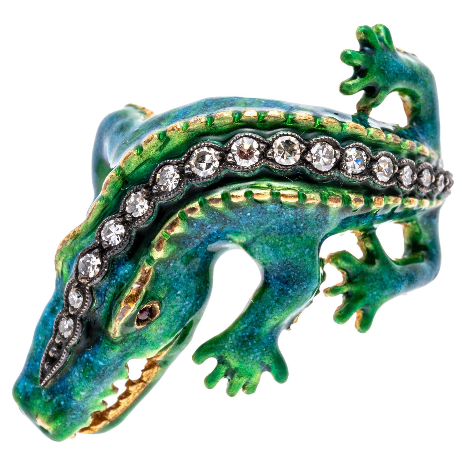18k Yellow Gold Green Blue Enamel Alligator Ring with Diamonds For Sale