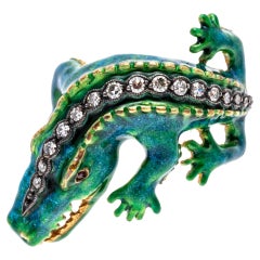 18k Yellow Gold Green Blue Enamel Alligator Ring with Diamonds
