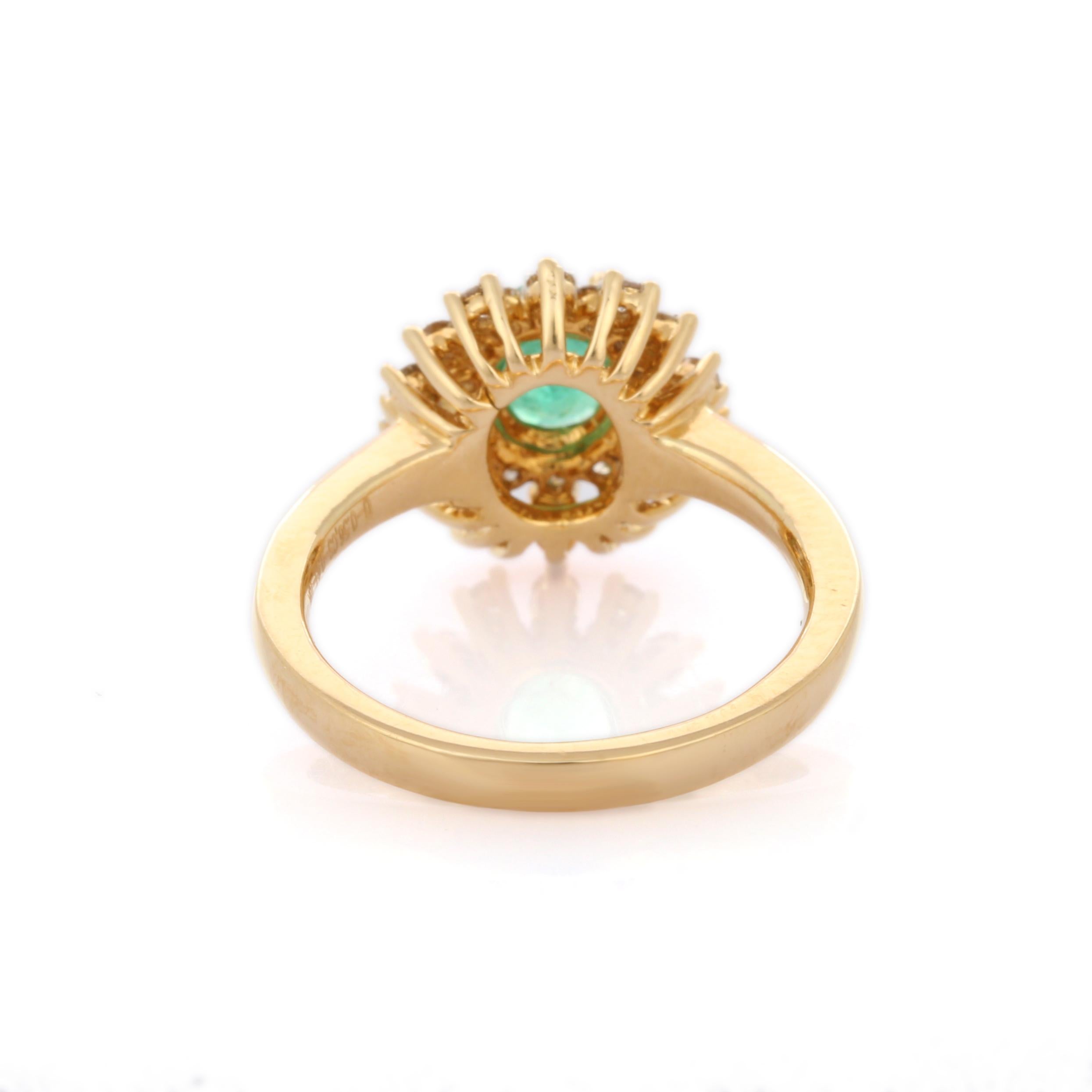 For Sale:  Glamorous Green Emerald Ring in 18K Solid Yellow Gold with Halo of Diamonds 4