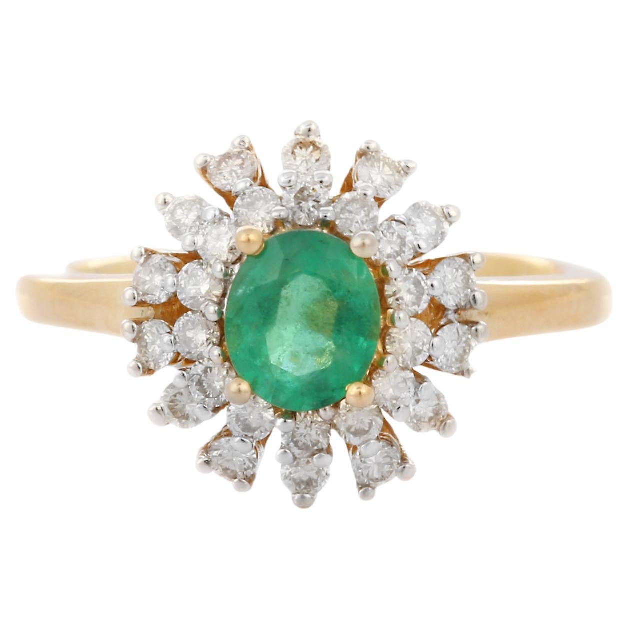 18K Yellow Gold Green Emerald and Diamond Cluster Ring  