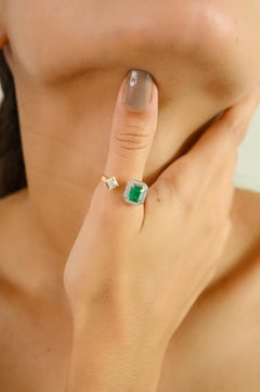 18k Yellow Gold Green Emerald & Diamond Open By Pass Ring Gift for Wife
