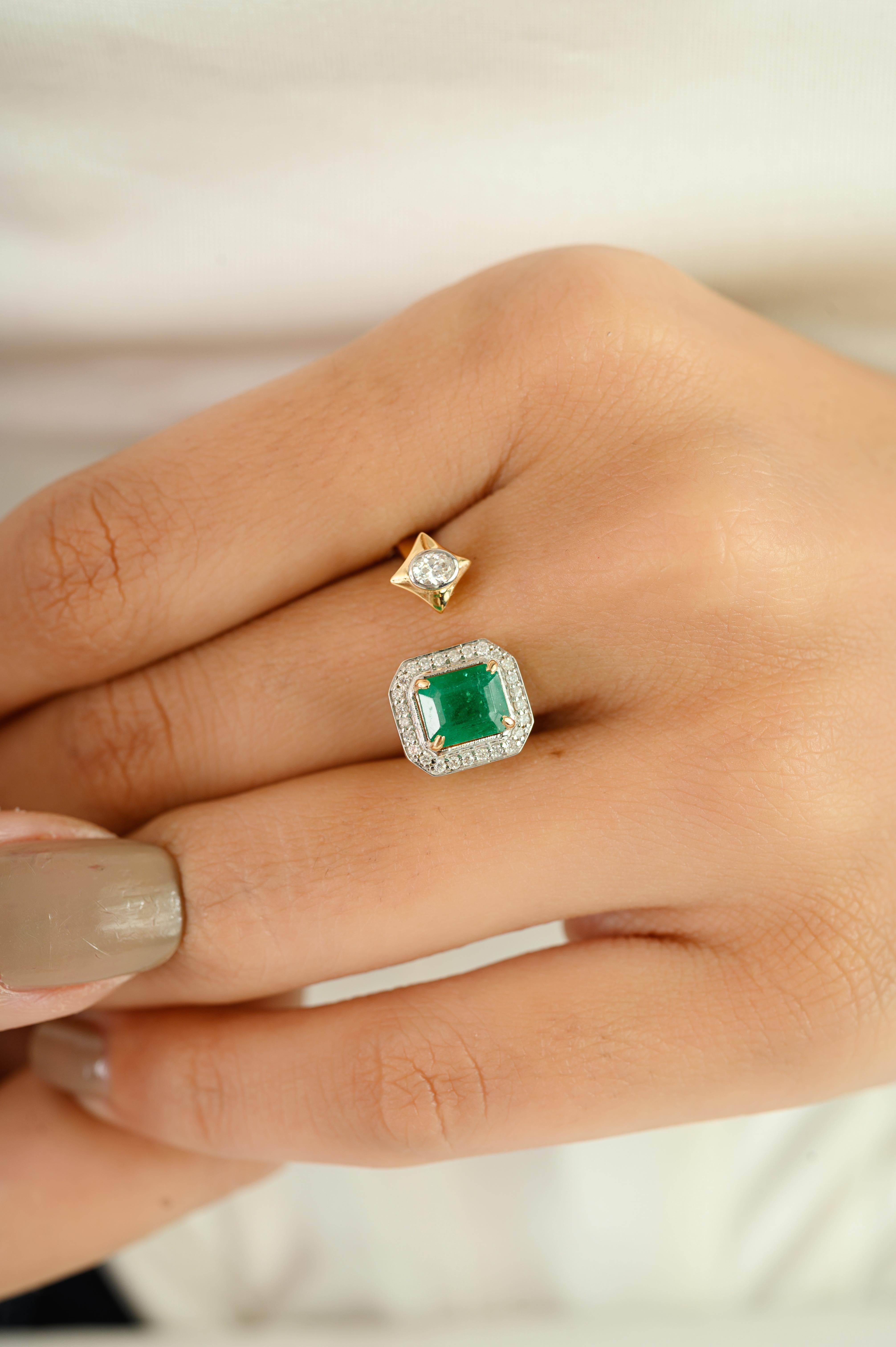 For Sale:  18k Yellow Gold Green Emerald & Diamond Open By Pass Ring Gift for Wife 4