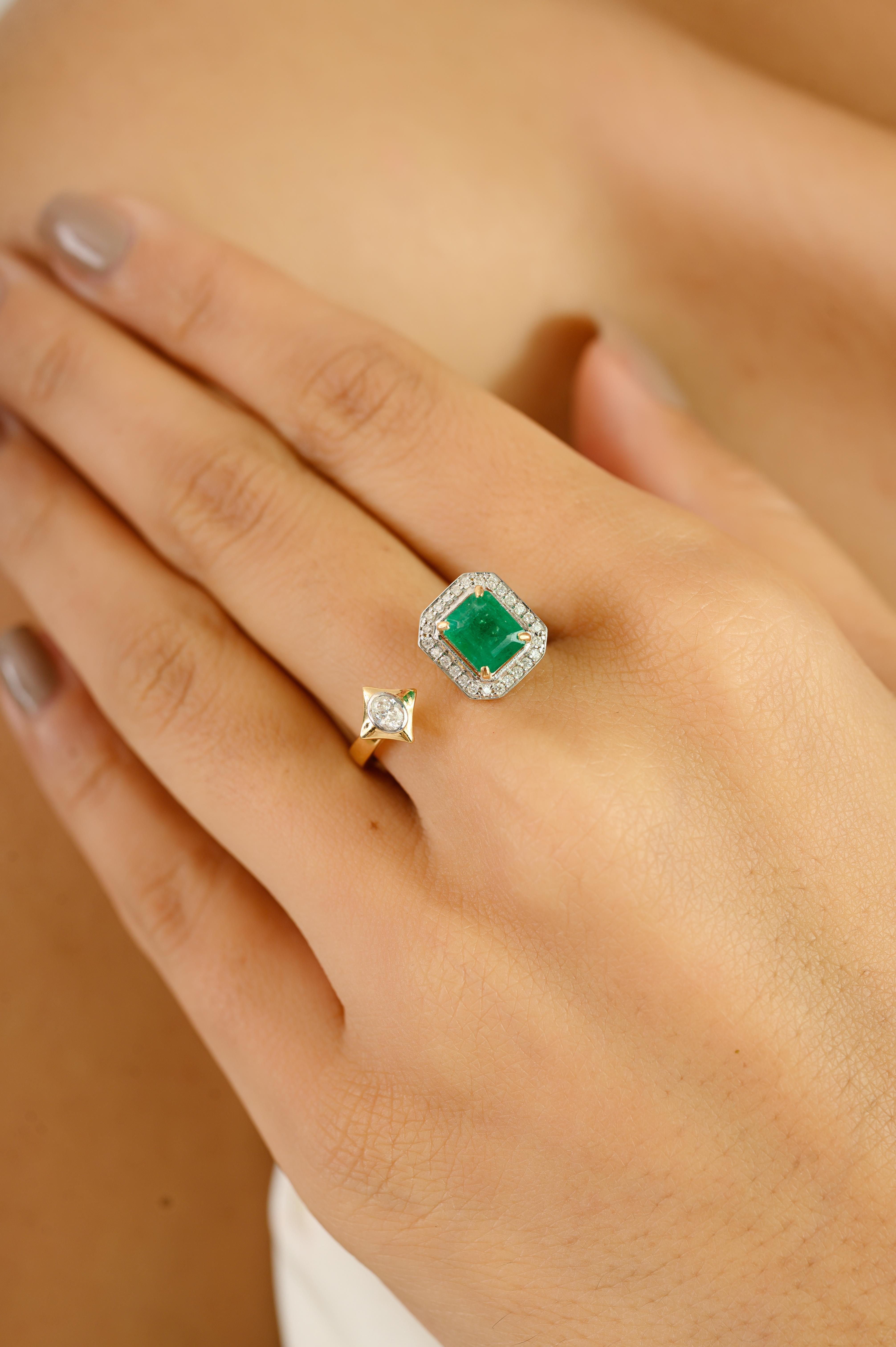 For Sale:  18k Yellow Gold Green Emerald & Diamond Open By Pass Ring Gift for Wife 8