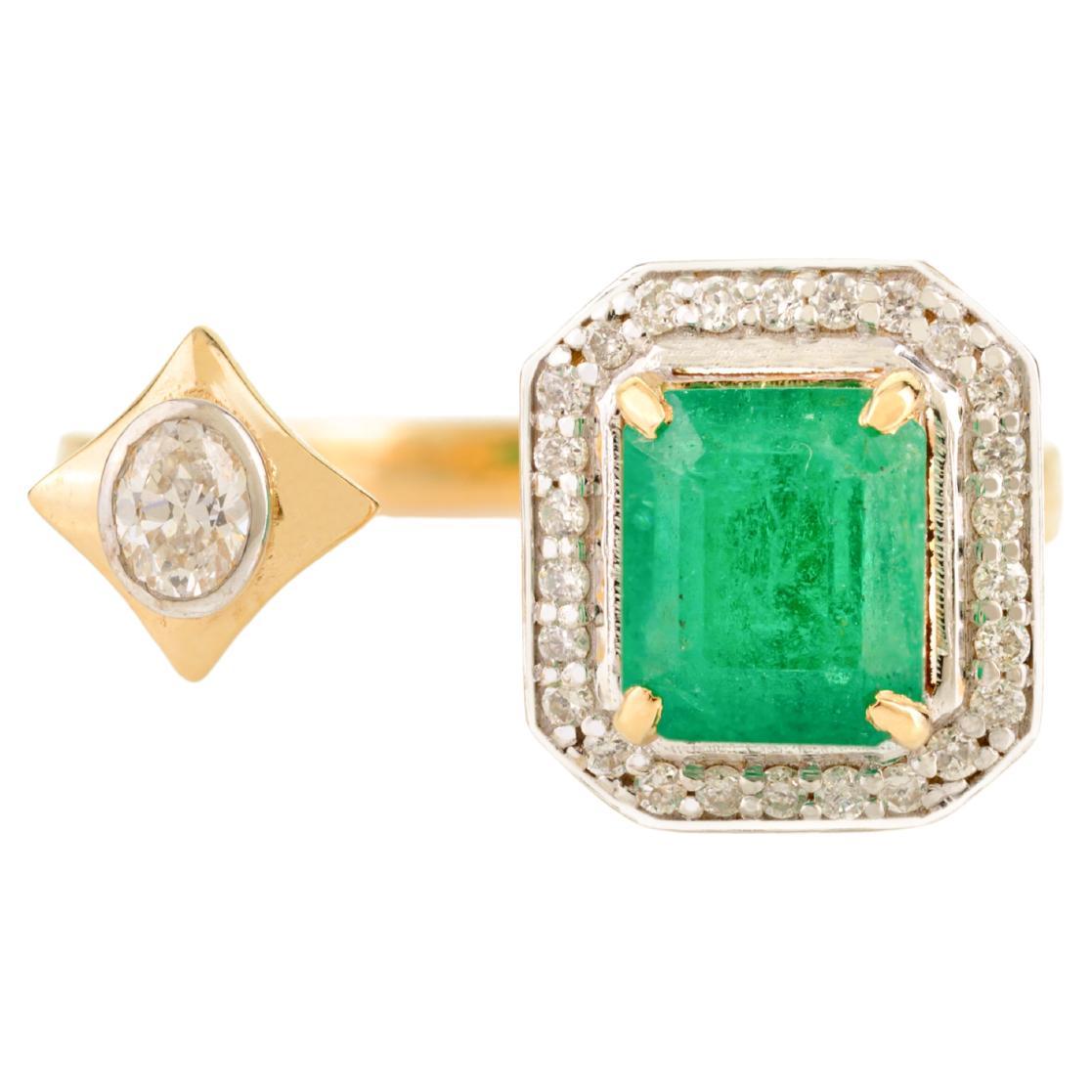 For Sale:  18k Yellow Gold Green Emerald & Diamond Open By Pass Ring Gift for Wife