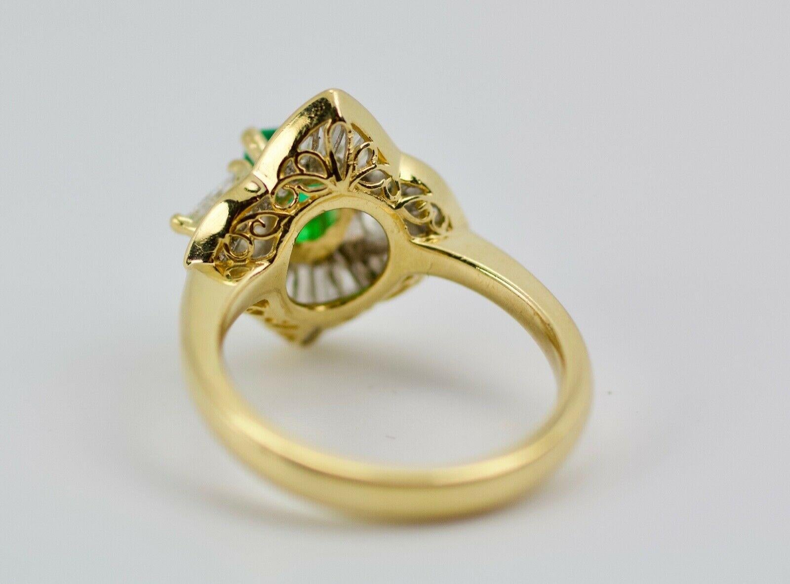 Women's 18k Yellow Gold Green Emerald with Trillion Cut and Baguette Cut Diamond Ring