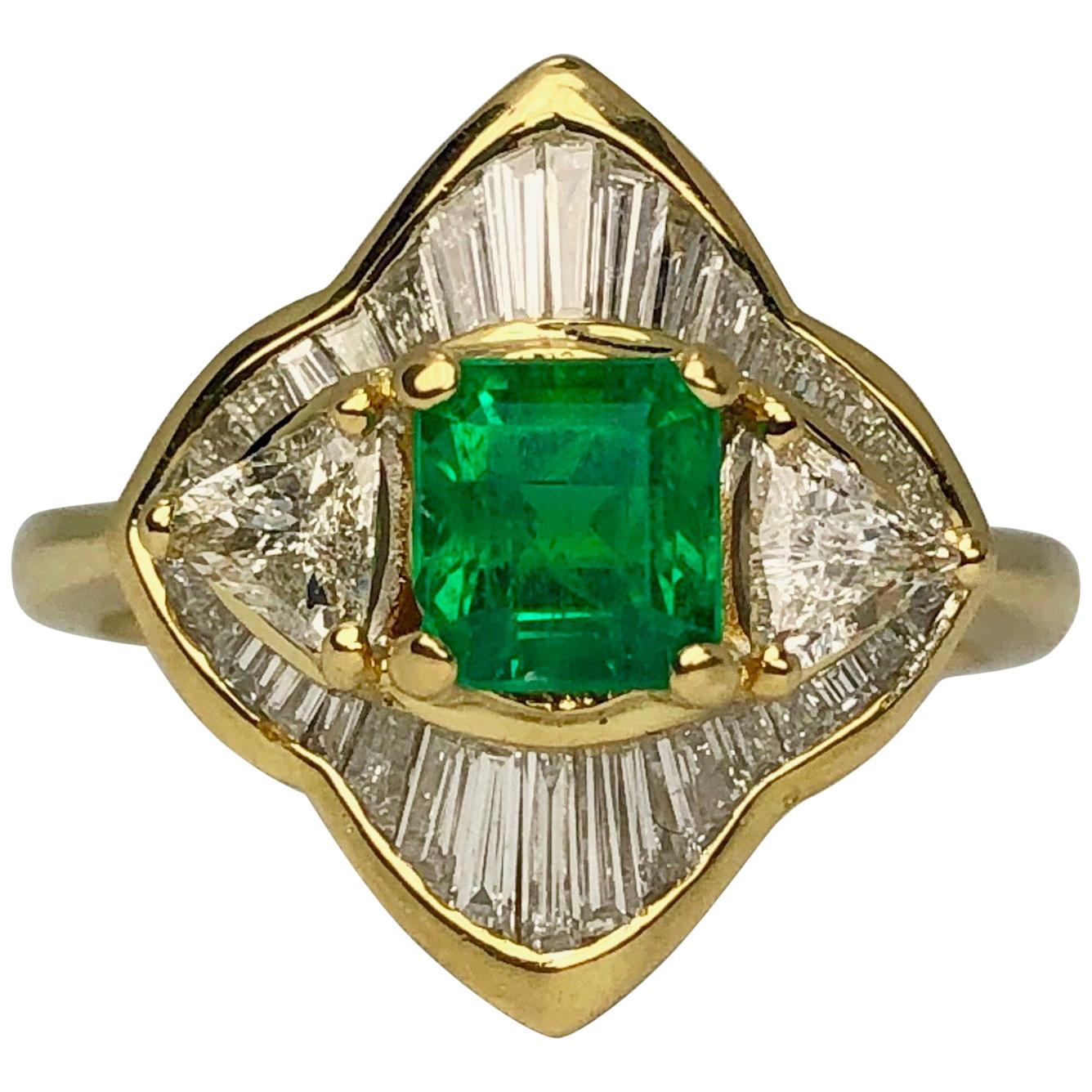 18k Yellow Gold Green Emerald with Trillion Cut and Baguette Cut Diamond Ring
