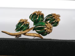 18k Yellow Gold Green Enamel and Diamond Flower Brooch