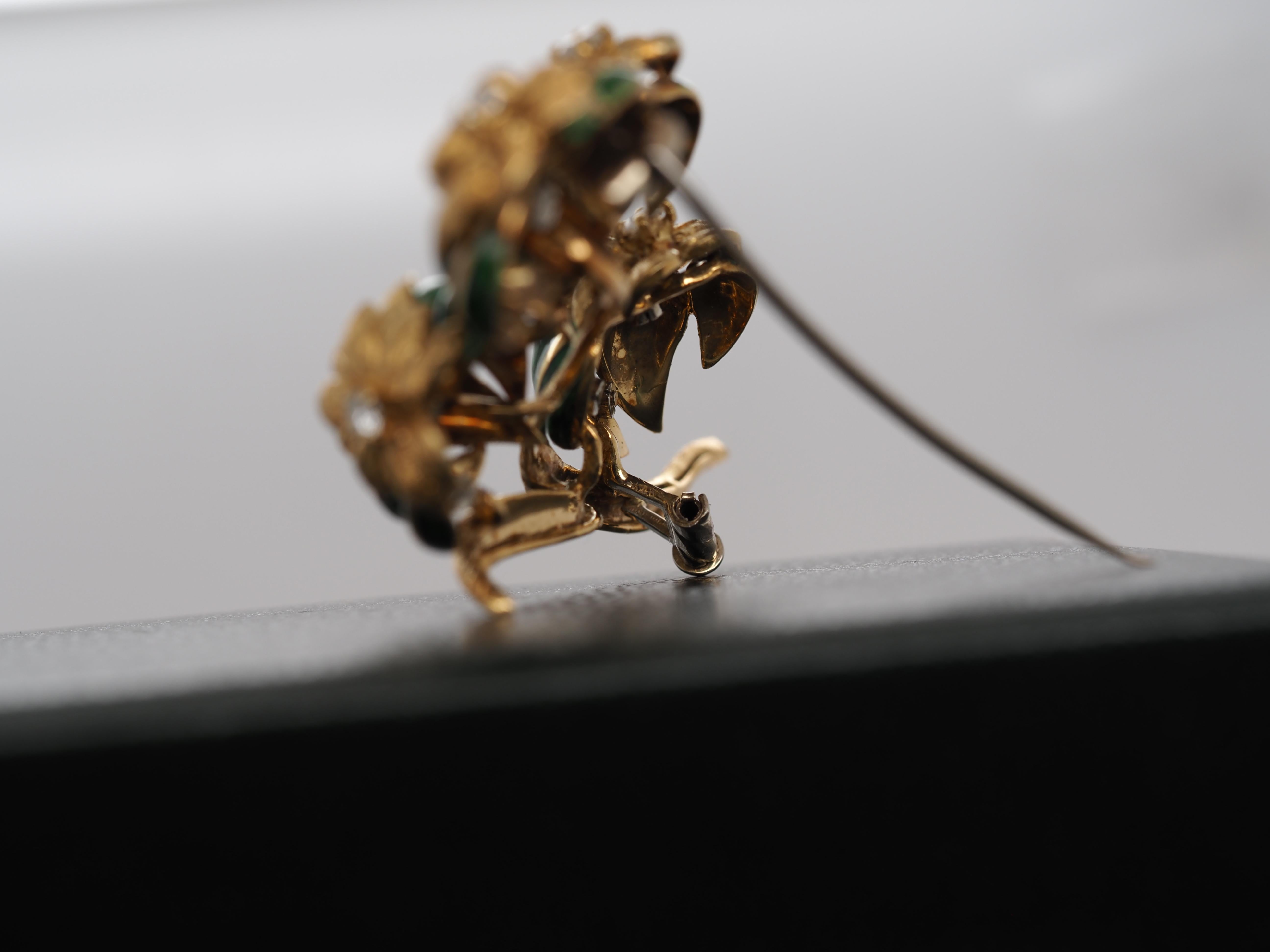 18k Yellow Gold Green Enamel and Diamond Flower Brooch For Sale 1