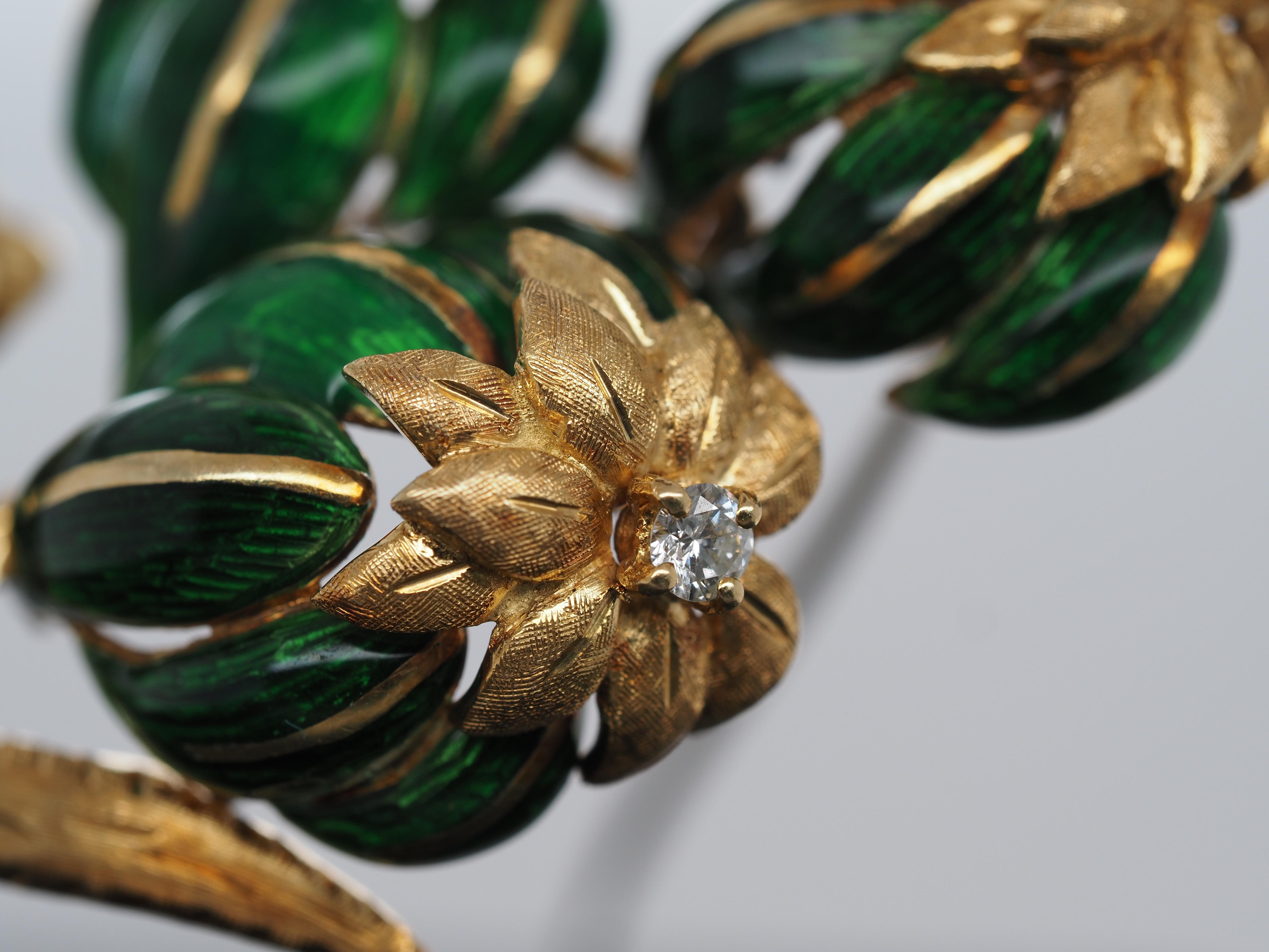 18k Yellow Gold Green Enamel and Diamond Flower Brooch For Sale 2