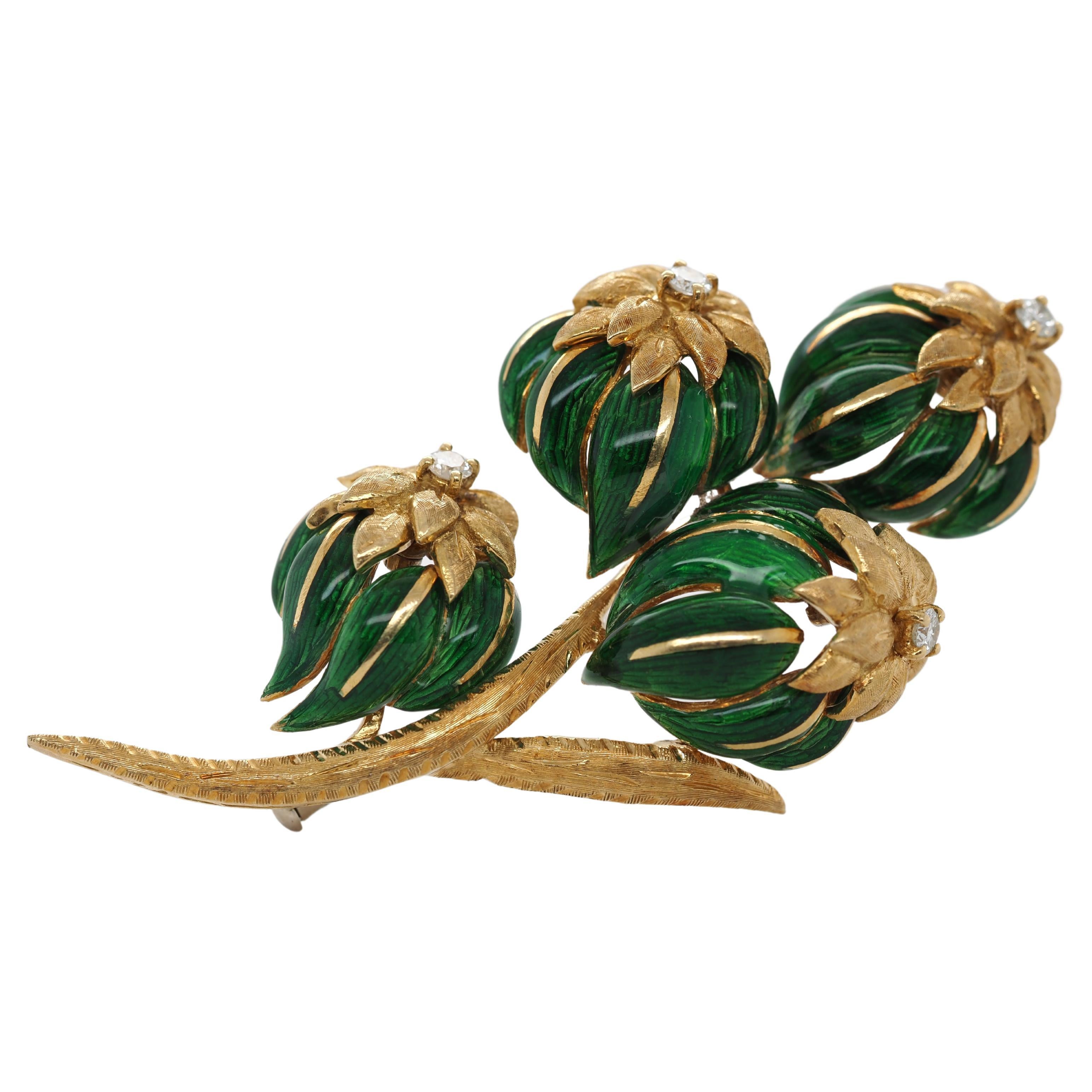 18k Yellow Gold Green Enamel and Diamond Flower Brooch For Sale
