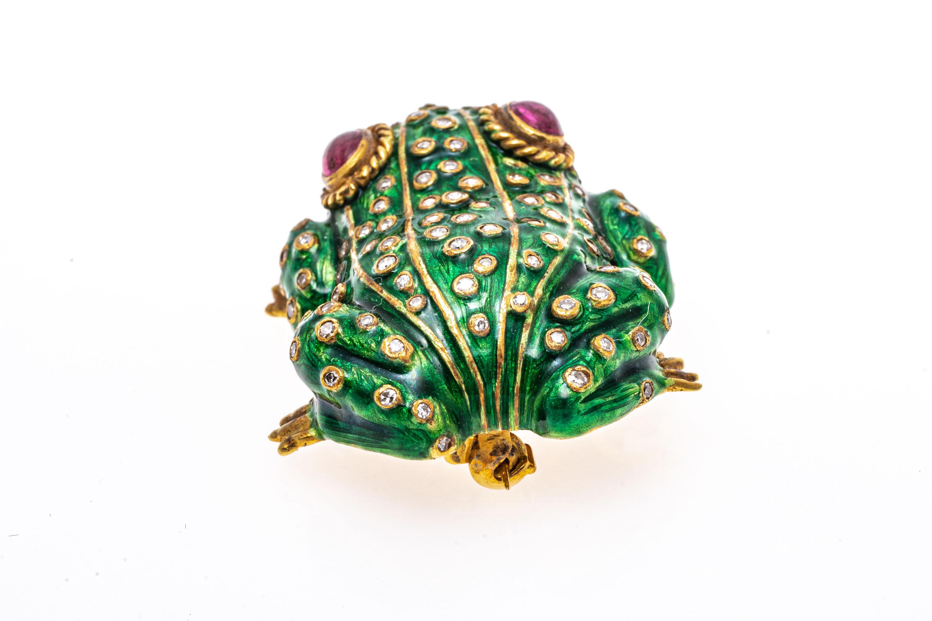 Rétro Broche grenouille en or jaune 18 carats et émail vert avec décorations en diamants en vente
