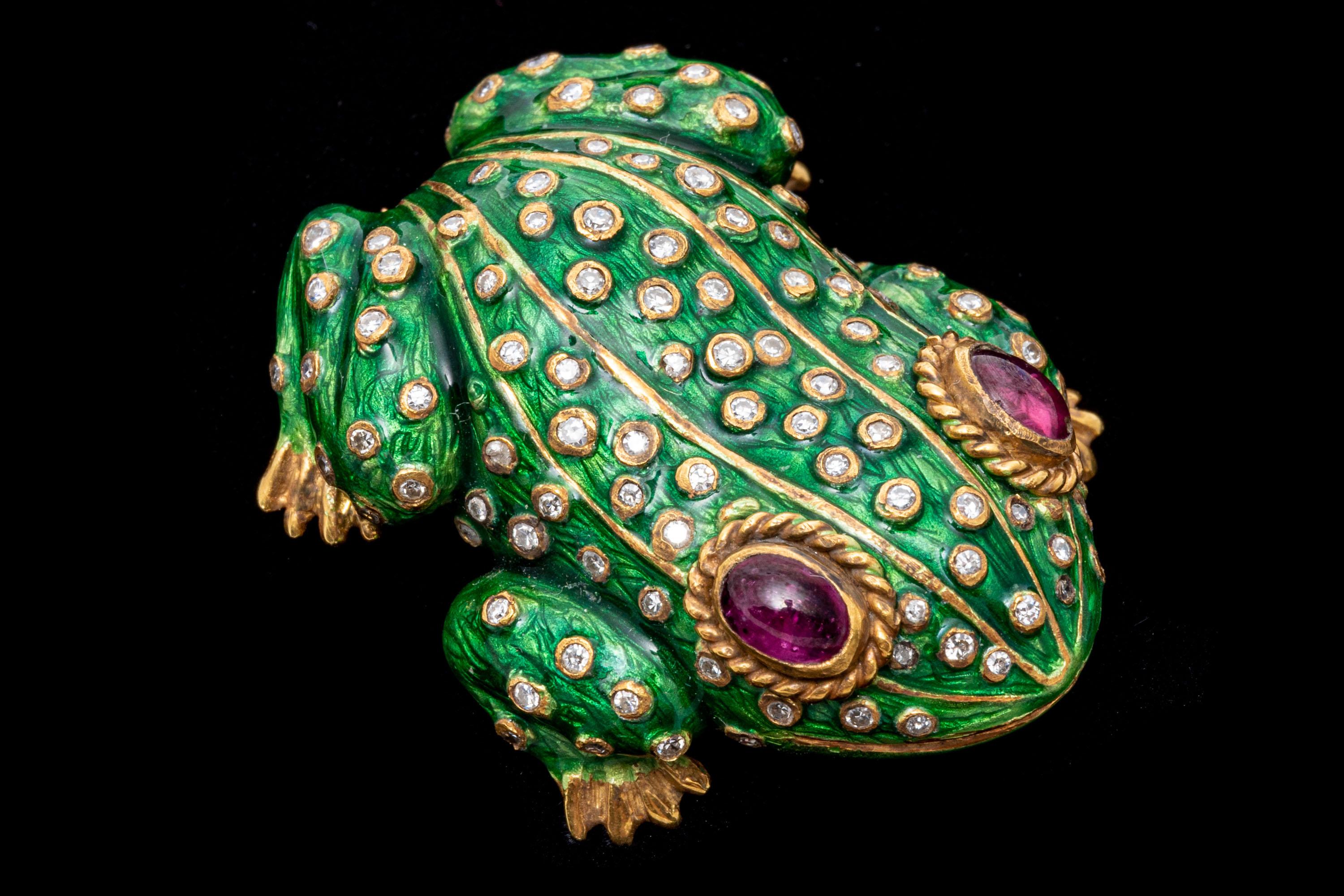 Women's 18k Yellow Gold Green Enamel Frog Brooch with Diamond Decorations For Sale