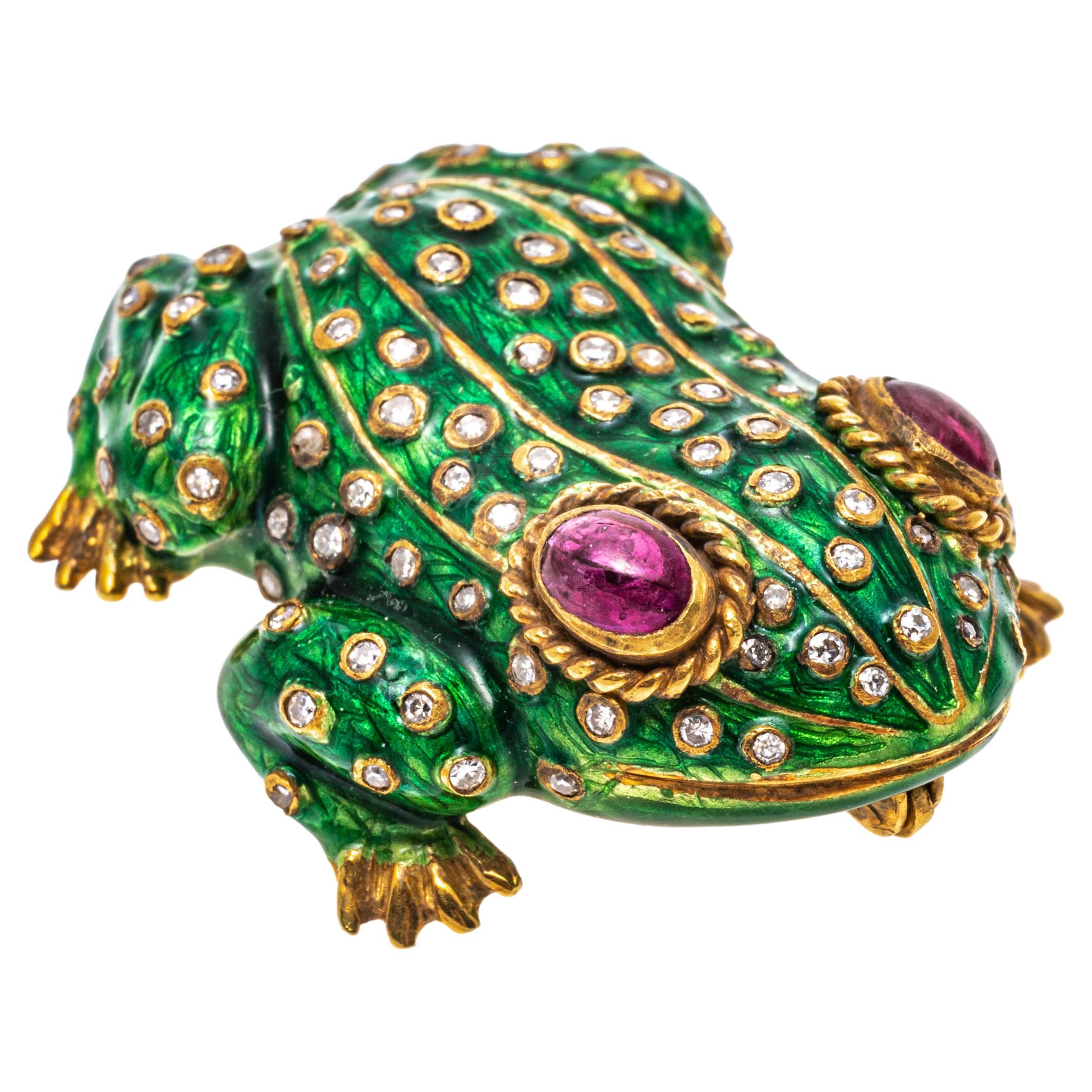 18k Yellow Gold Green Enamel Frog Brooch with Diamond Decorations For Sale