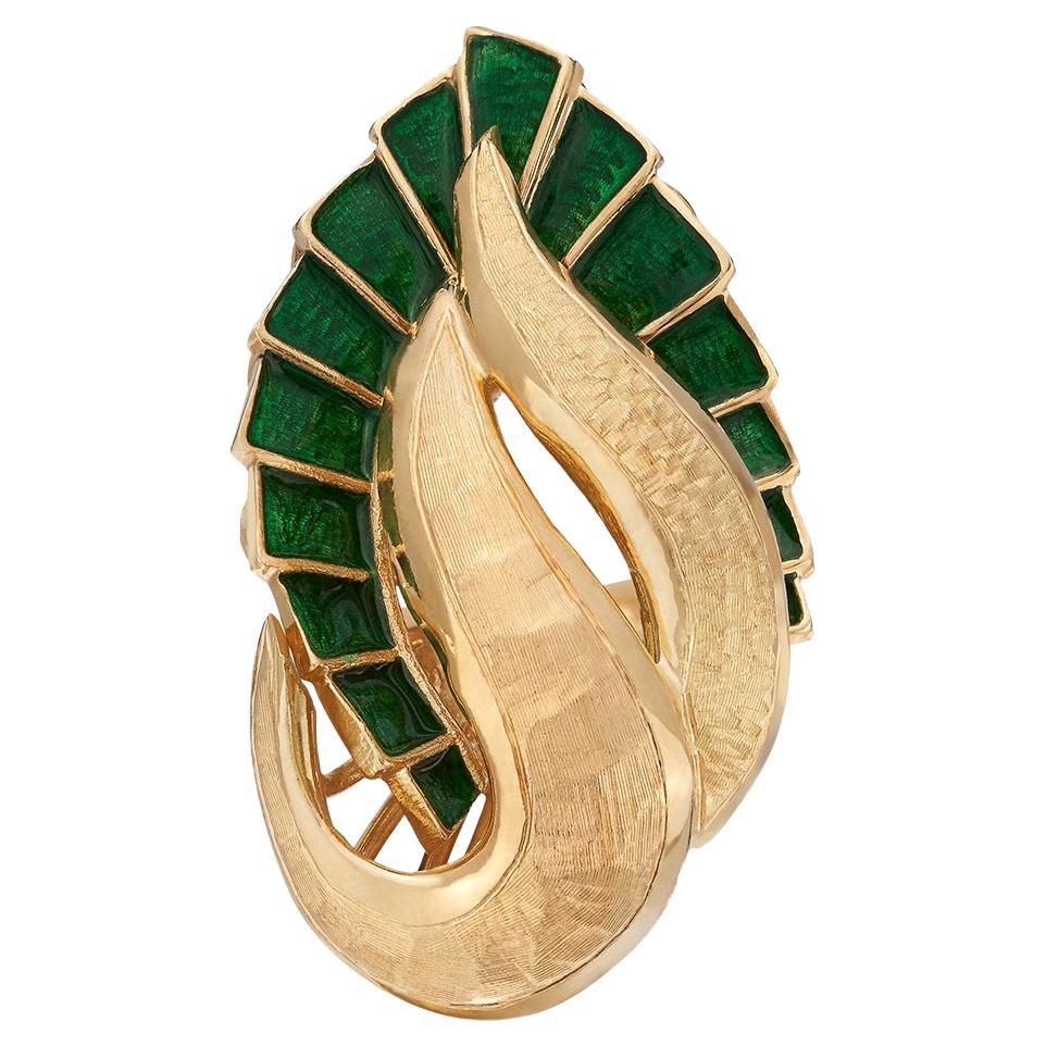 18k Yellow Gold & Green Enamel Ring For Sale