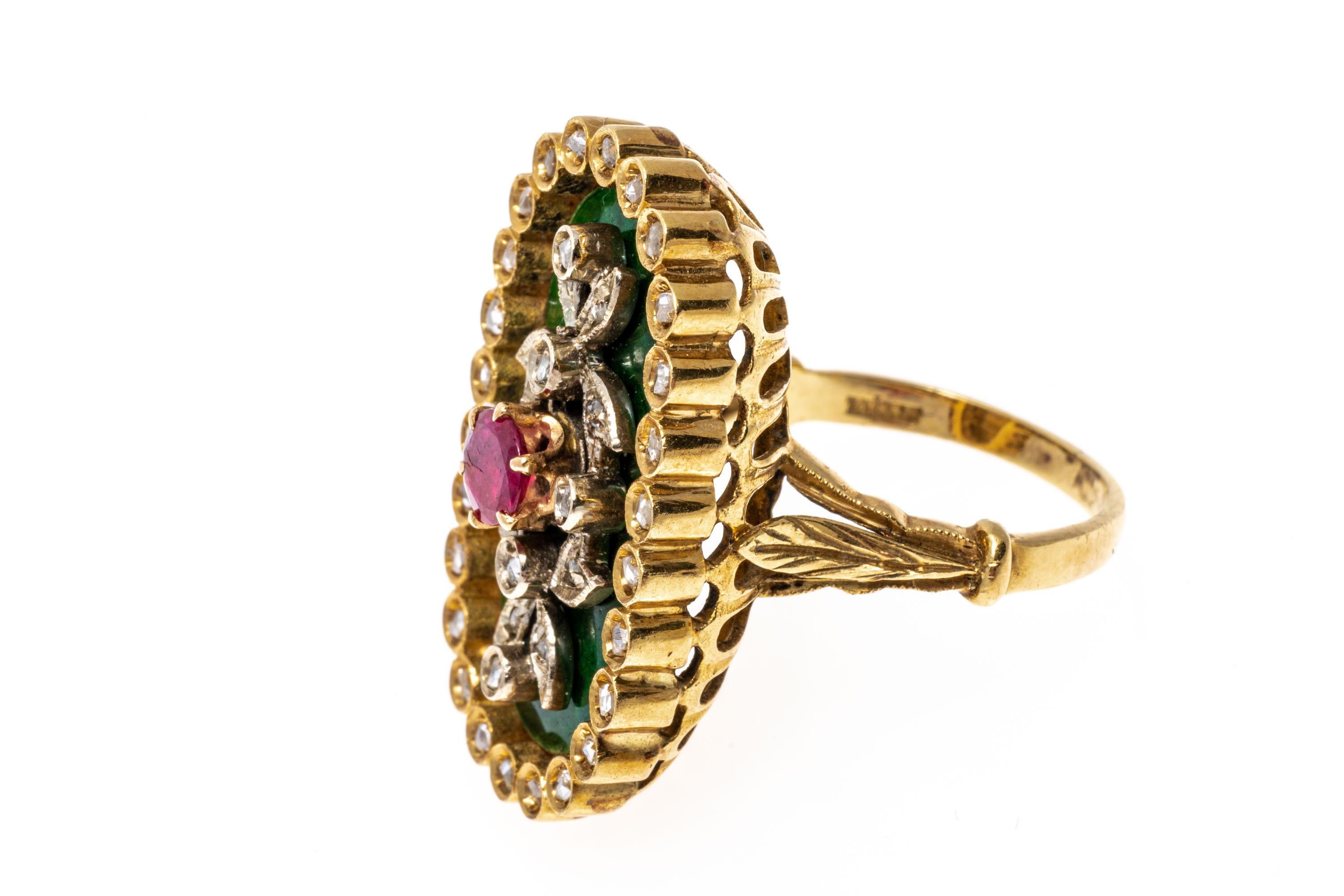 Round Cut 18k Yellow Gold Green Enamel, Ruby and Macle Diamond Elongated Oval Ring For Sale