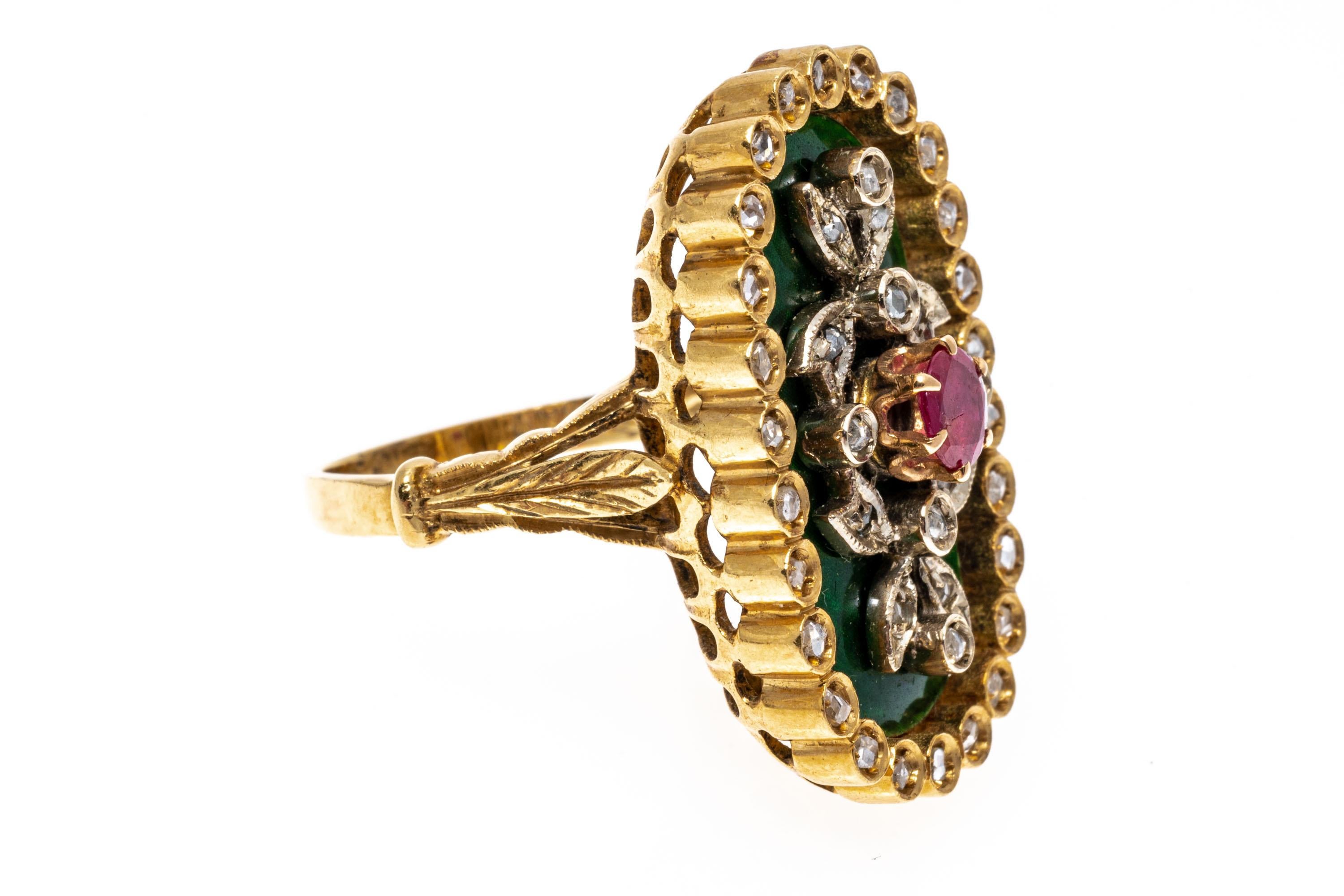 18k Yellow Gold Green Enamel, Ruby and Macle Diamond Elongated Oval Ring In Good Condition For Sale In Southport, CT
