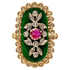 18k Yellow Gold Green Enamel, Ruby and Macle Diamond Elongated Oval Ring