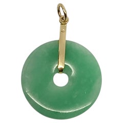 18K Yellow Gold Green Jade Pi Disc Pendant #24185