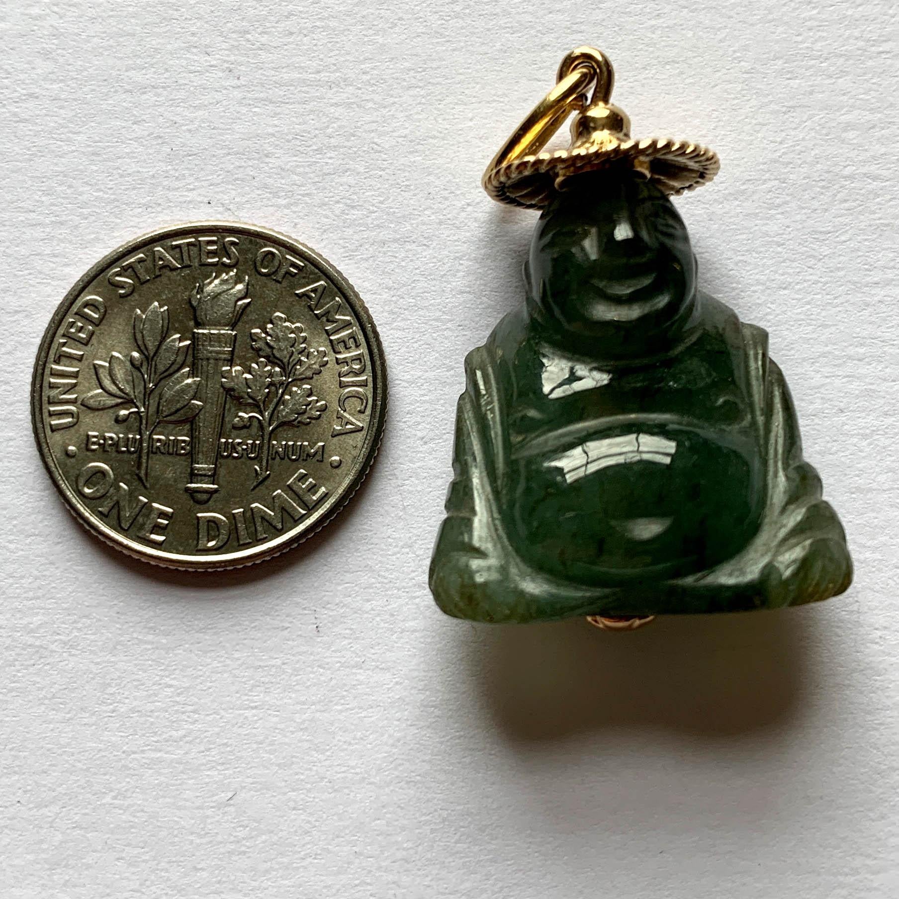 18 Karat Yellow Gold Green Jadeite Jade Buddha Large Charm Pendant For Sale 11