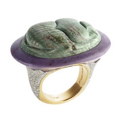 Fabergé 18k Yellow Gold Green Jasper Scarab Beetle Ring with Diamonds