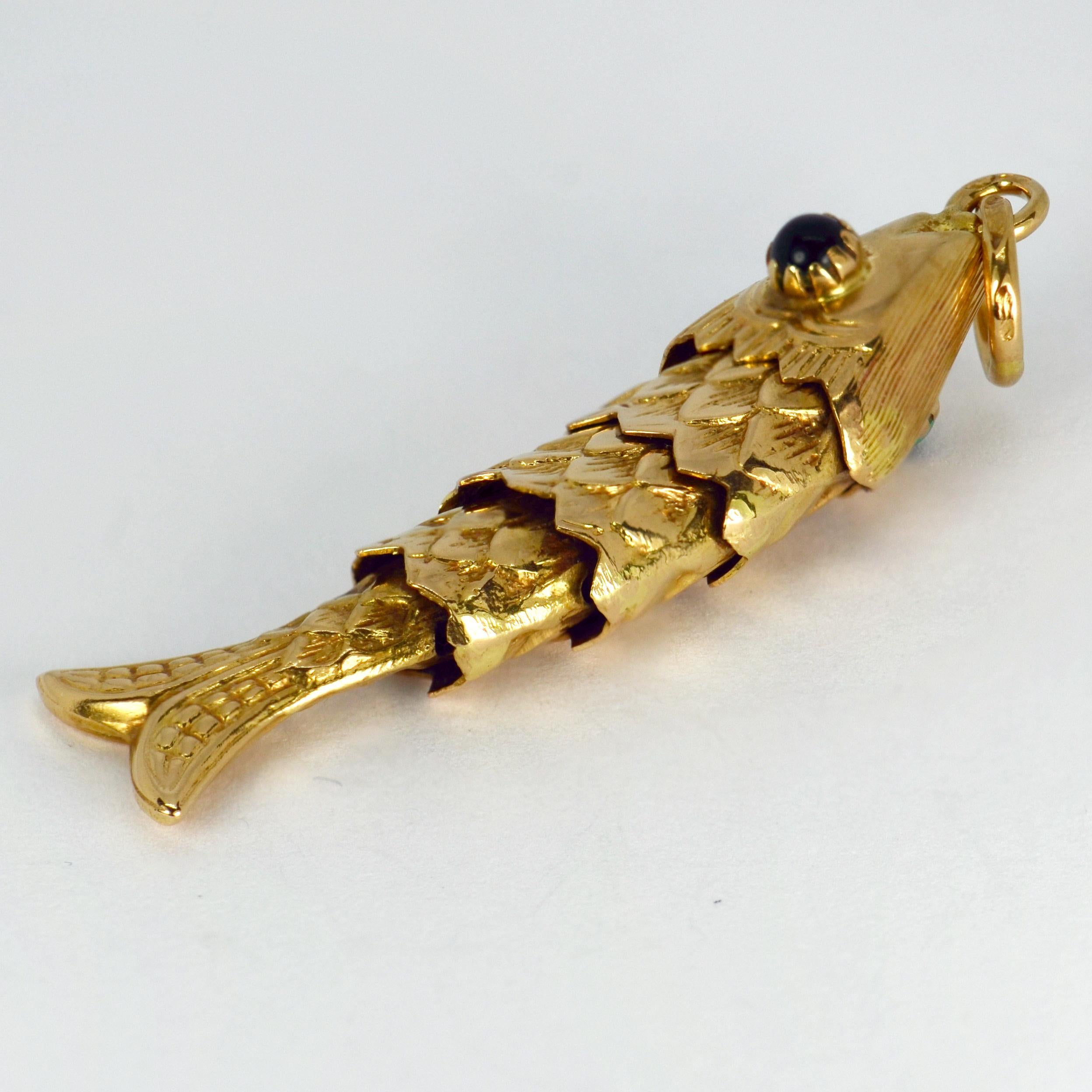 18 Karat Yellow Gold Green Paste Large Articulated Fish Charm Pendant In Good Condition In London, GB