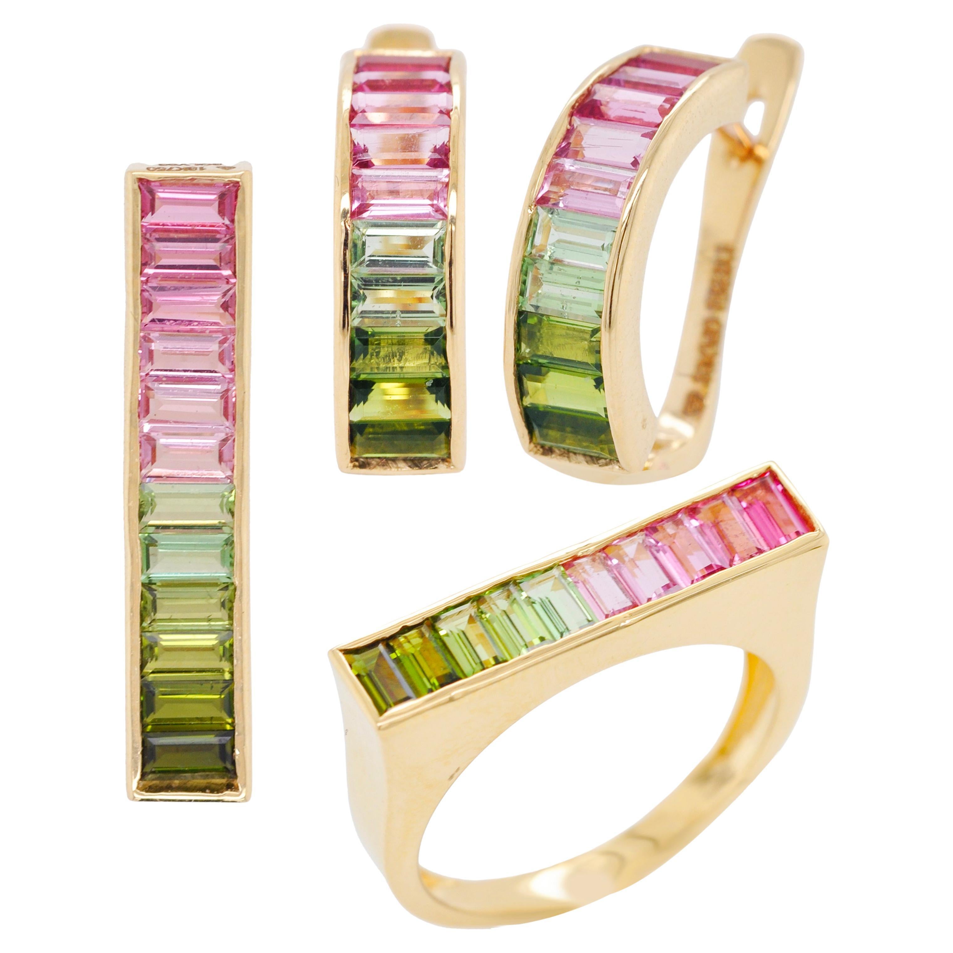 18K Yellow Gold Green Pink Bi-Color Tourmaline Pendant Necklace Earring Ring Set For Sale