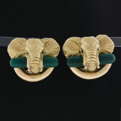 18k Yellow Gold Green Stone & Diamond 3d Textured Elephant Head Omega Earrings