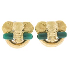 18k Yellow Gold Green Stone & Diamond 3d Textured Elephant Head Omega Earrings