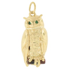 18k Yellow Gold Green Stone Eyes & Wood Cylinder Stone Owl Charm Pendant w/ Bail