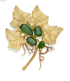 18k Yellow Gold & Green Tourmaline Leaf Brooch w/ 0.24ct Diamond Accents
