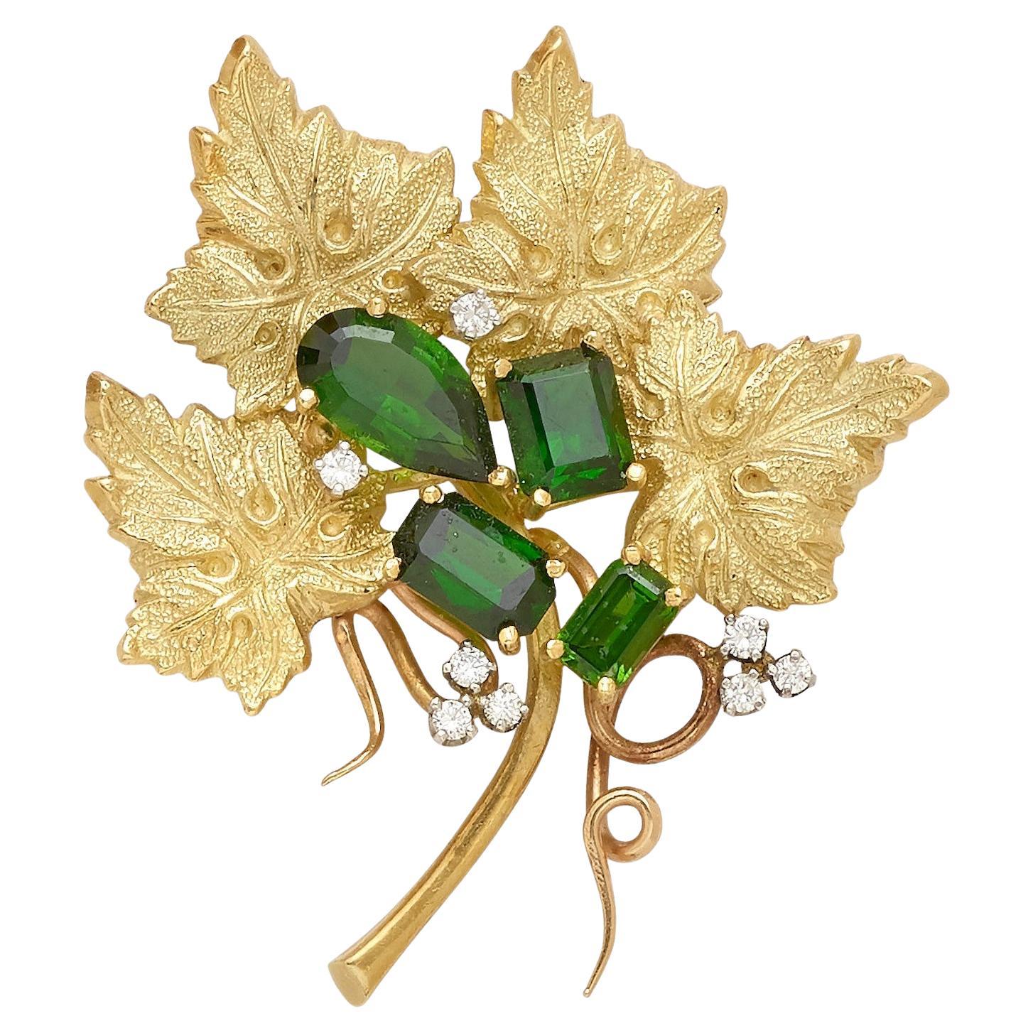 18k Yellow Gold & Green Tourmaline Leaf Brooch w/ 0.24ct Diamond Accents
